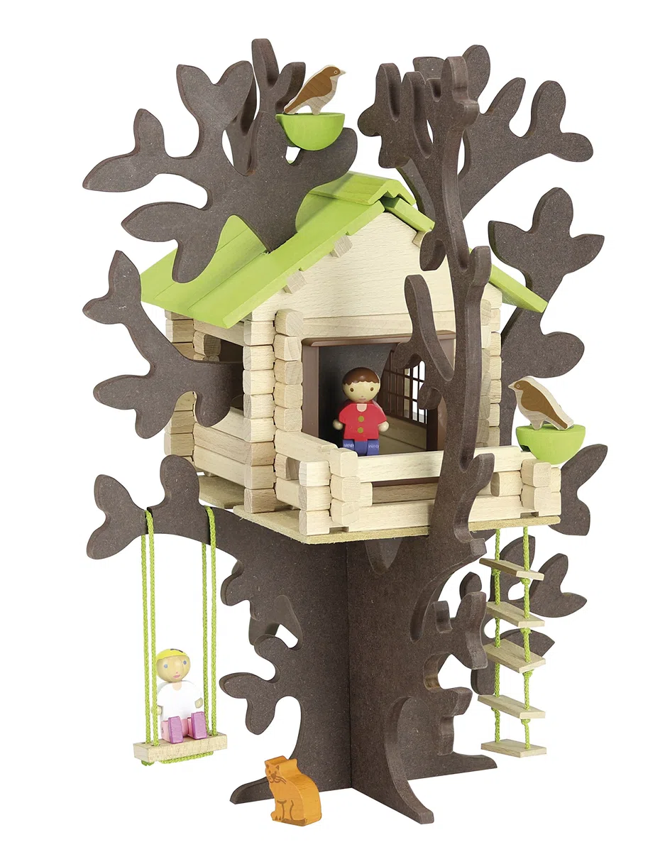 Jeujura - 8075- Jeux de Construction-Cabane Dans les Arbres, Norme | Personnages et animaux inclus - Valisette de rangement - Jeu en bois enfant - Imagination - Fabriqué en France