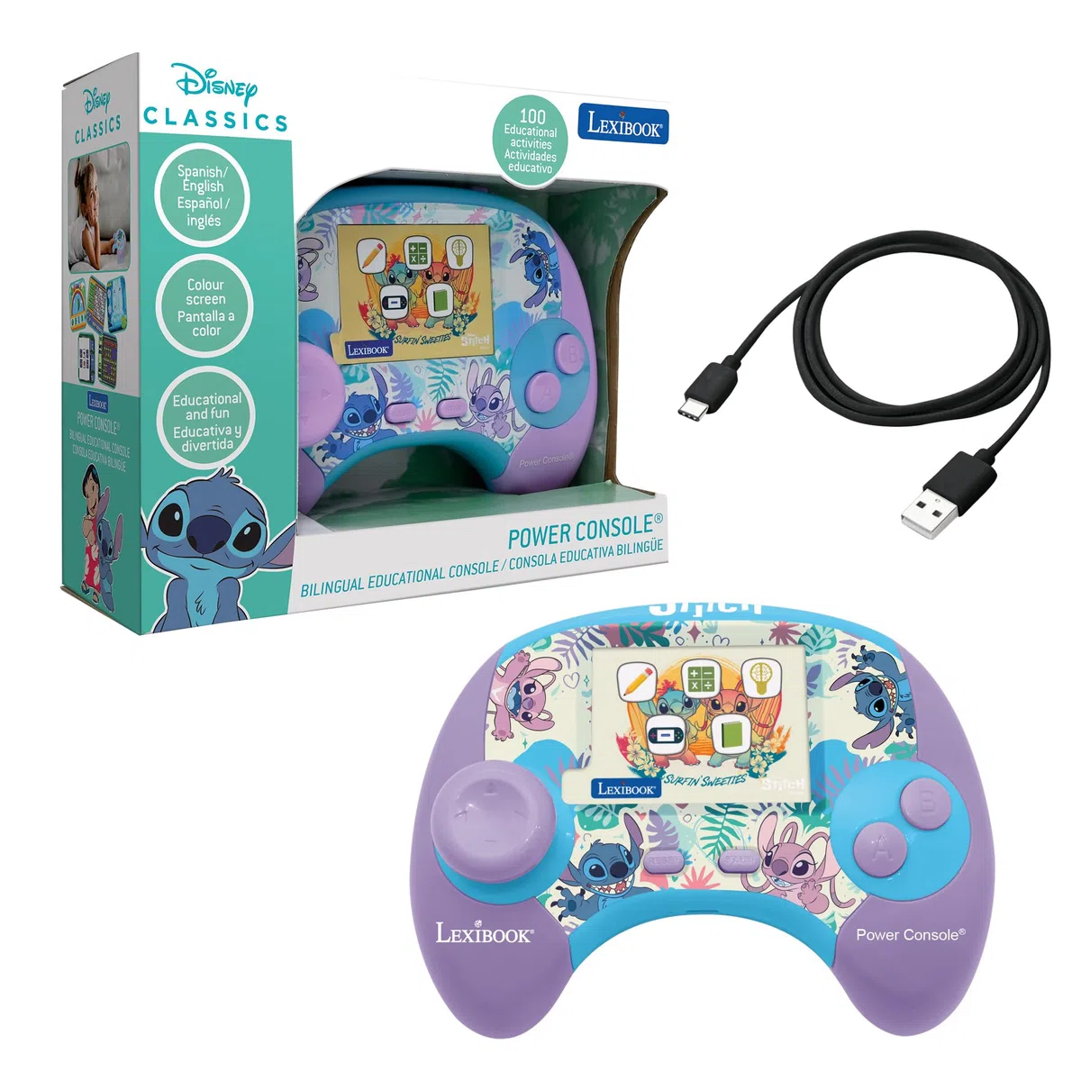 Lexibook, Power Console Stitch, 100 activités éducatives, bilingue Anglais-Espagnol, 5 catégories d'apprentissage, écran de 2,8", Rechargeable USB-C, JCG100Di2