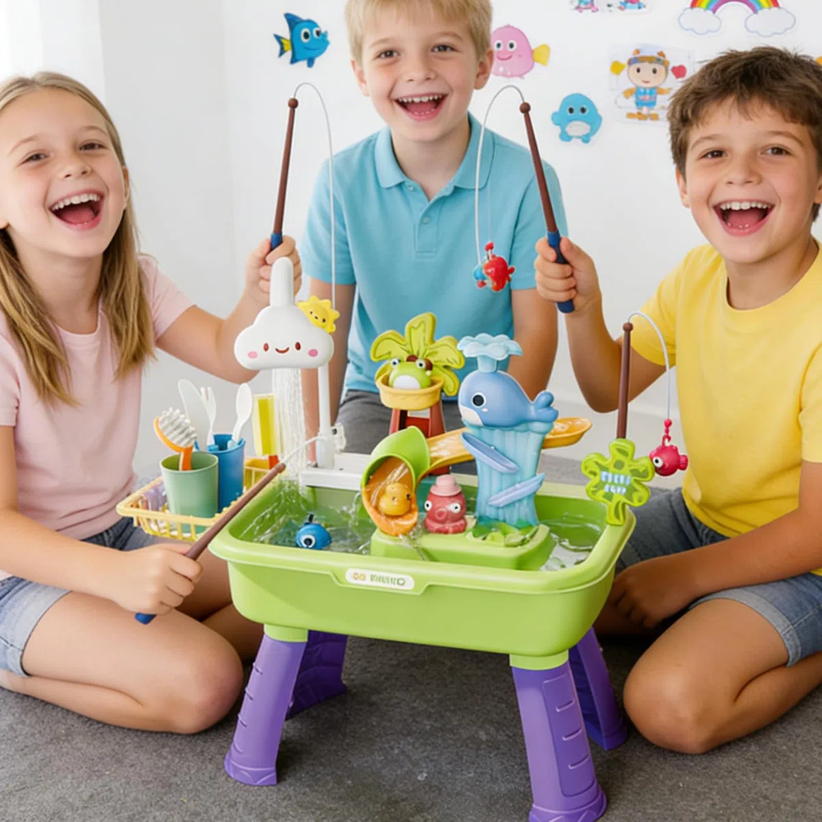 Générique Tables d'eau D'extérieur pour Enfant - Ensemble De Jeu De Pêche 4-en-1 avec Pompe Et Eau Courante pour Garçons Et Filles De 4 À 8 Ans, Jeux D'extérieur, Piscine, Anniversaire, Cadeau