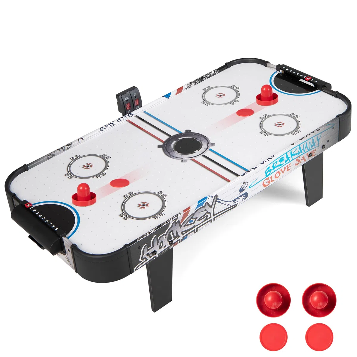 DREAMADE Table de Air Hockey 42 Pouces, Table de Jeu avec Air & Compteur de Points Électronique LED & 2 Palets & 2 Poussoirs & 2 Tapis de Feutre, pour Enfants & Adultes, Noir + Blanc