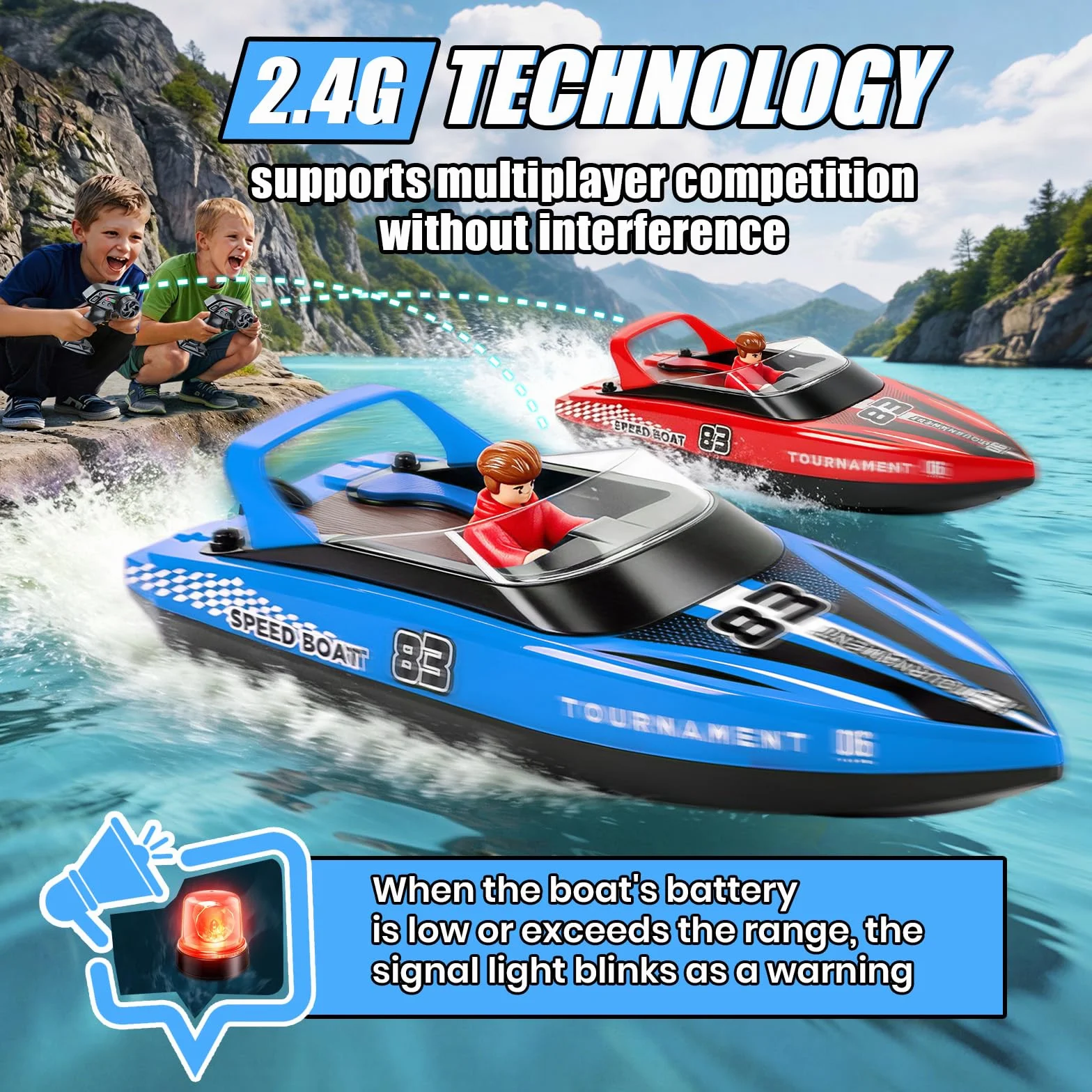 YOOHBERRYS Bateau Télécommandé 2 Pièces, 2,4 GHz Bateau Telecommandé Enfant, Bateau de Course RC 15+ km/h avec Lumière LED pour Piscines et Lacs (2PCS)