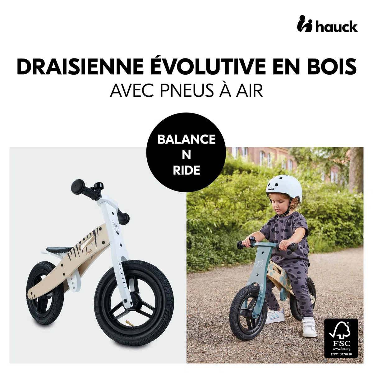 Hauck Draisienne 2 Ans Balance N Ride, Velo Bebe en Bois FSC, Supporte Jusqu'à 20 kg, Selle Réglable, Roues Pneumatiques 12 Pouces, Portable, Sonnette