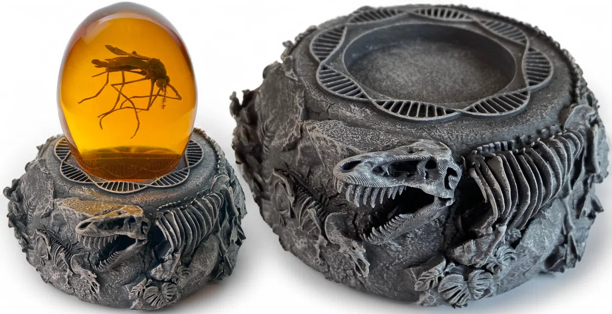 Jurassic Base Decor | Themen-Briefbeschwerer | Harzständer für Dinosaurier-Sammlerstücke | Detaillierte Skelette, DNA-Motiv & Mehr | Basis für Mücken in Bernstein und Fossil Sammlerstücke |_AB