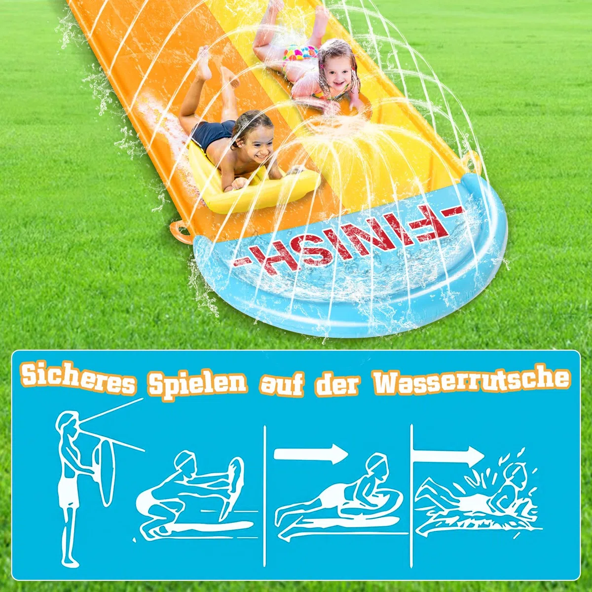 BuzzoXerex 31,16ft/950cm Toboggan Aquatique, 1.55m Toboggan pour Pelouse Double Toboggan à Eau avec 2 Planches Gonflables pour Pelouse et Jeux d'eau en Extérieur