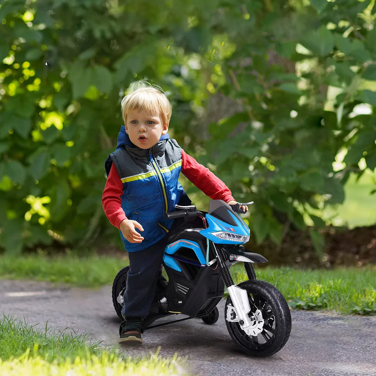 HOMCOM Moto Électrique pour Enfants 3-6 Ans 25 W 6 V 3 Km/h Bleu | Effets Lumineux, Effets Sonores, Roulettes Amovibles, Charge max. 30 kg