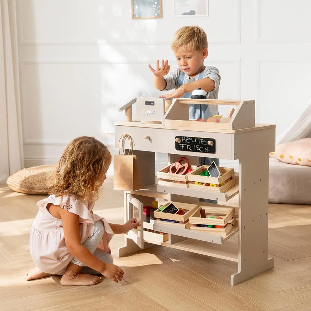 Magasin de Jouets en Bois Howa avec Caisse enregistreuse Jouet 47551 | avec caisse enregistreuse, tableau noir, vitrine, sonnette (naturel/beige)