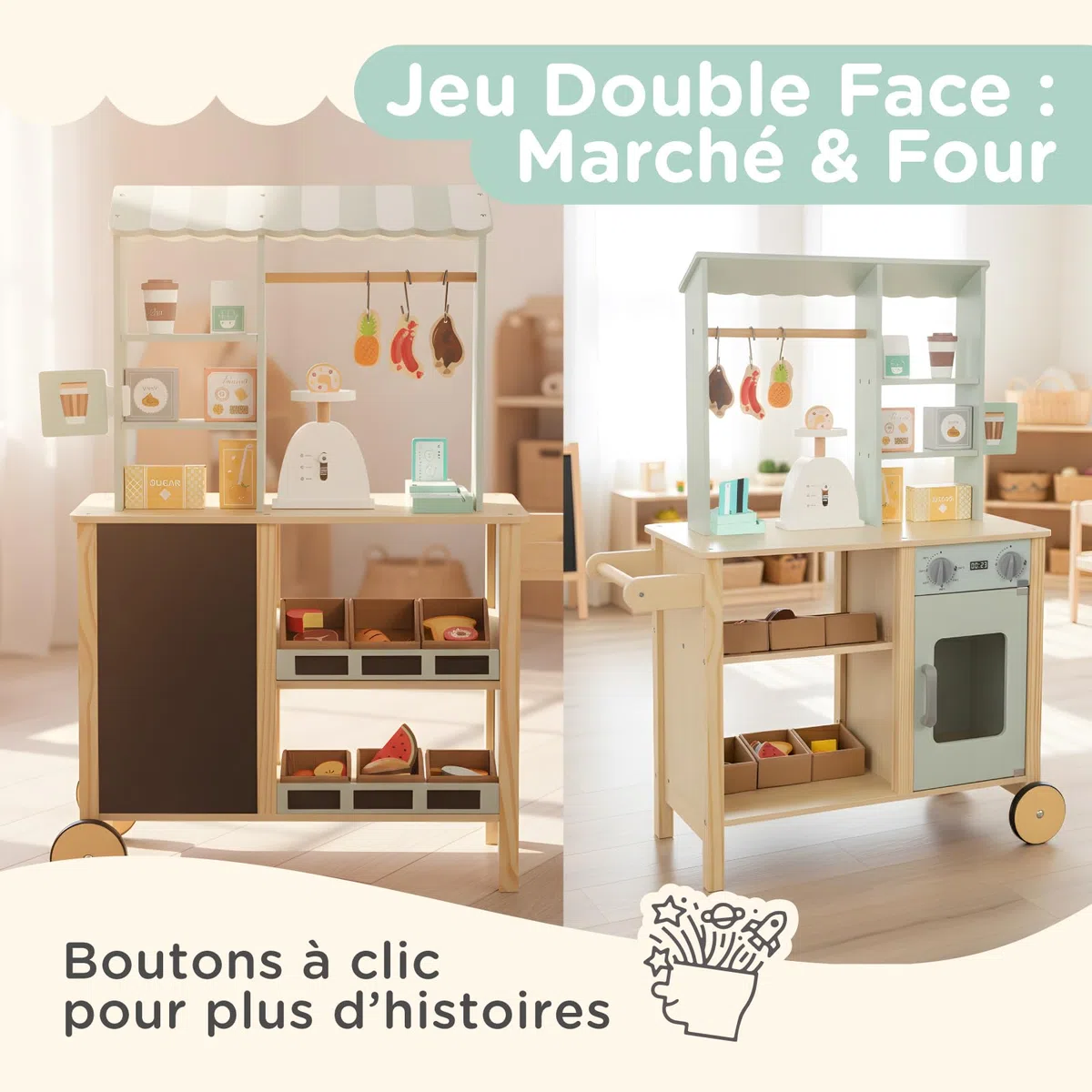 Nene Toys Marchande Enfant en Bois – Stand Marchande / Épicerie Tout-en-Un avec Caisse enregistreuse, Balance, Ardoise, Bacs inclinés & Roulettes – Côté réversible avec Four – Jouet 3–7 ans