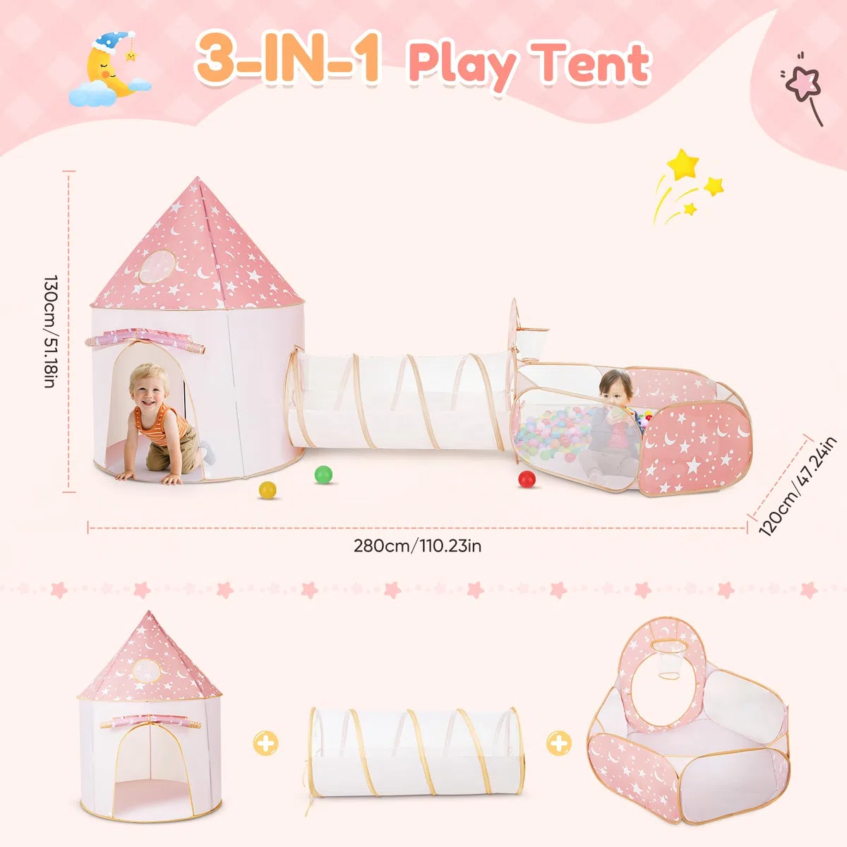 Tente de Jeu 3 en 1 pour Enfants avec Tunnel et Piscine à balles, maisonnette de Jeu château escamotable pour intérieur et extérieur, Vide sanitaire Pliable avec Panier de Basket
