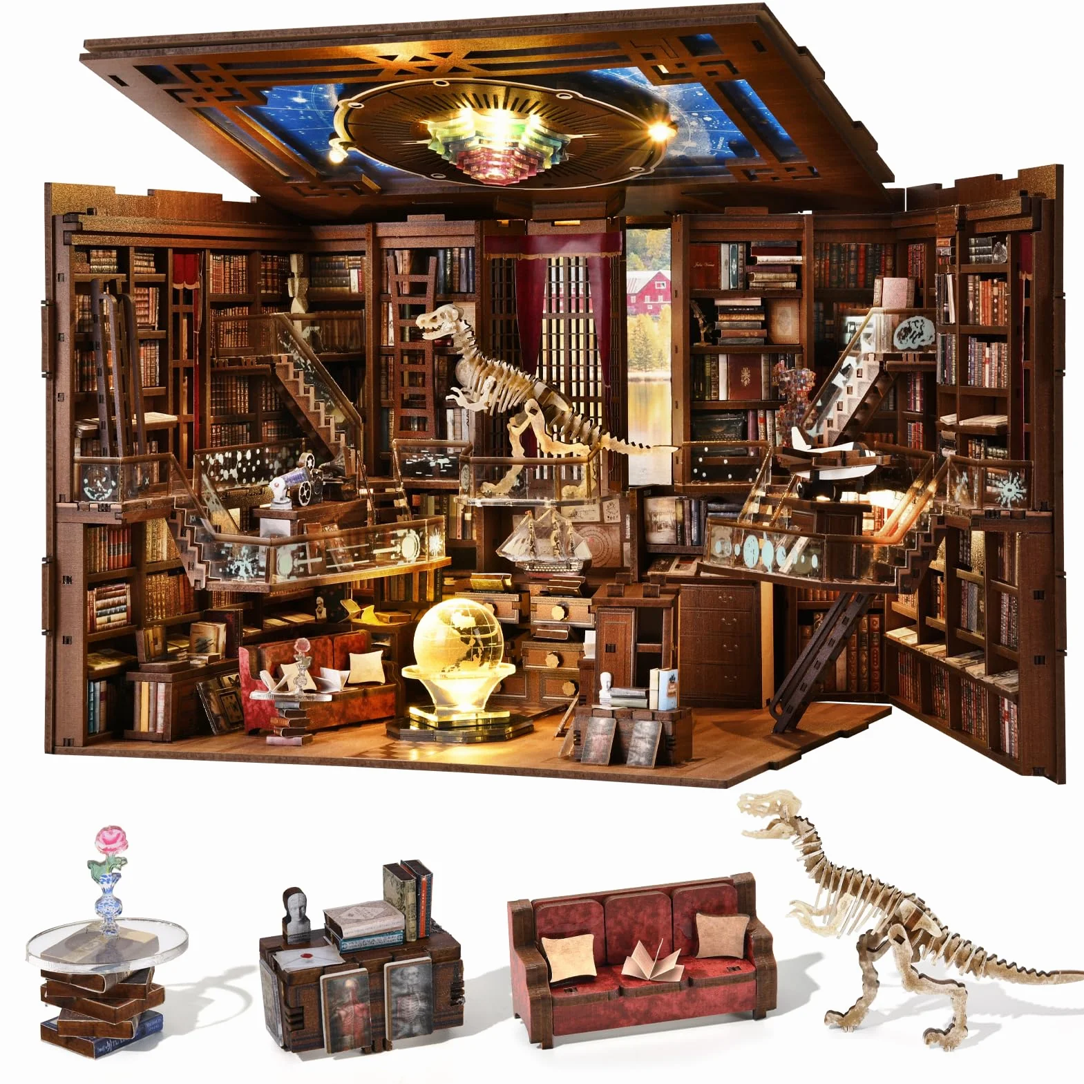 MiniCity Book Nook Kit - DIY Maison de poupée Miniature - Kit Booknook - Puzzle 3D en Bois - Serre-Livres - Décoration avec lumière LED - pour Adolescents et Adultes (Beyond Library Max)