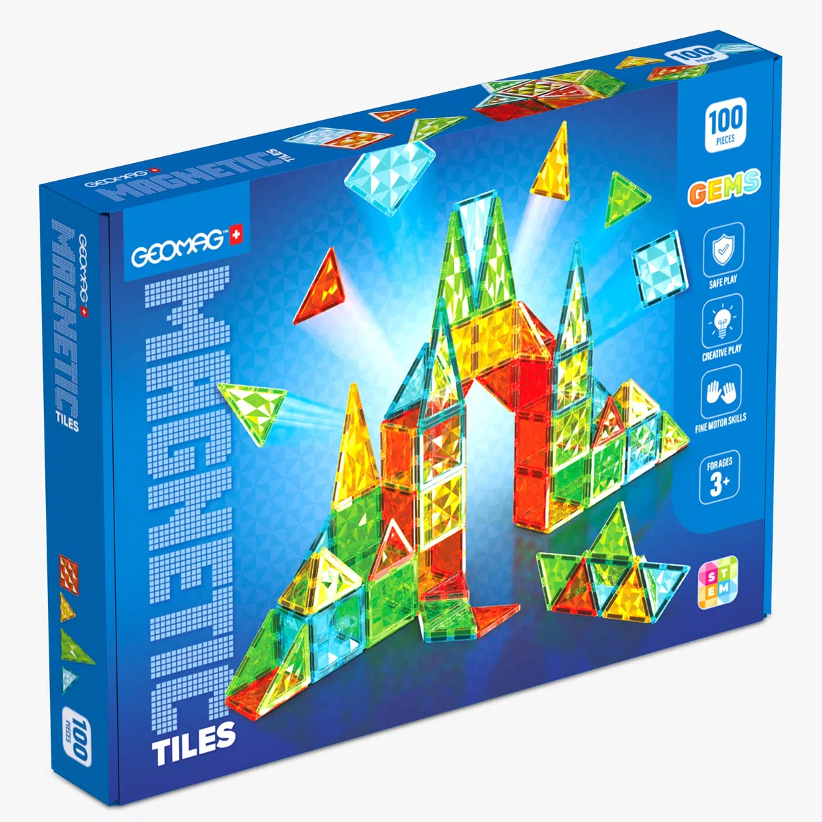 GEOMAG - Magnetic Tiles Gems 100 Pcs, Construction Magnetique Enfant, Tuiles et Bloc de Construction Magnétiques 4 Formes, Jeux Enfant 3 Ans +, Jeux Éducatifs Montessori STEM, Cadeau Noël Anniversaire