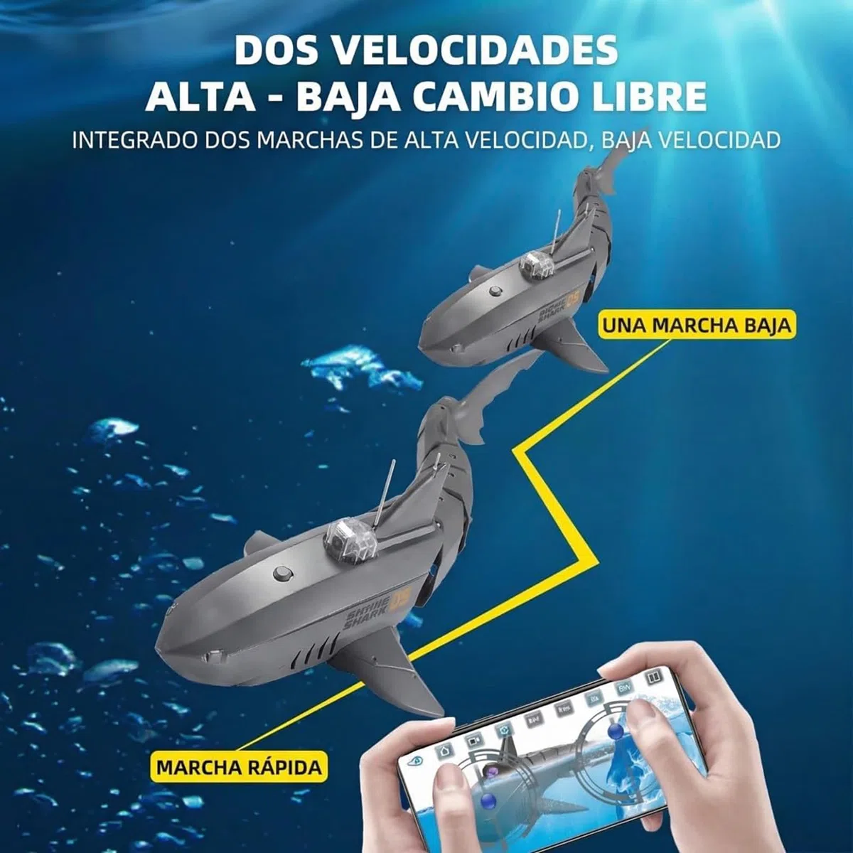 Générique Requin télécommandé avec caméra sous-Marine HD, Bateau Poisson électrique RC 2,4G pour l'eau avec entraînement à Double hélice, contrôle Double APP et télécommande pour Adultes,Gris