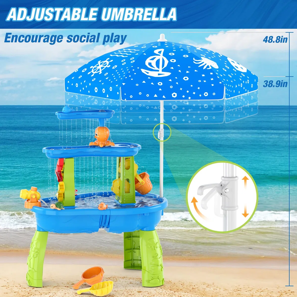 HYES Table d'eau pour Enfants, 3-Tier Table Sable et Eau Jouets avec Parapluie, Douches de Pluie Splash étang pour Plage Cour, Table Eau Sable Jeux de d'été Exterieur pour Garçons Filles, Bleu