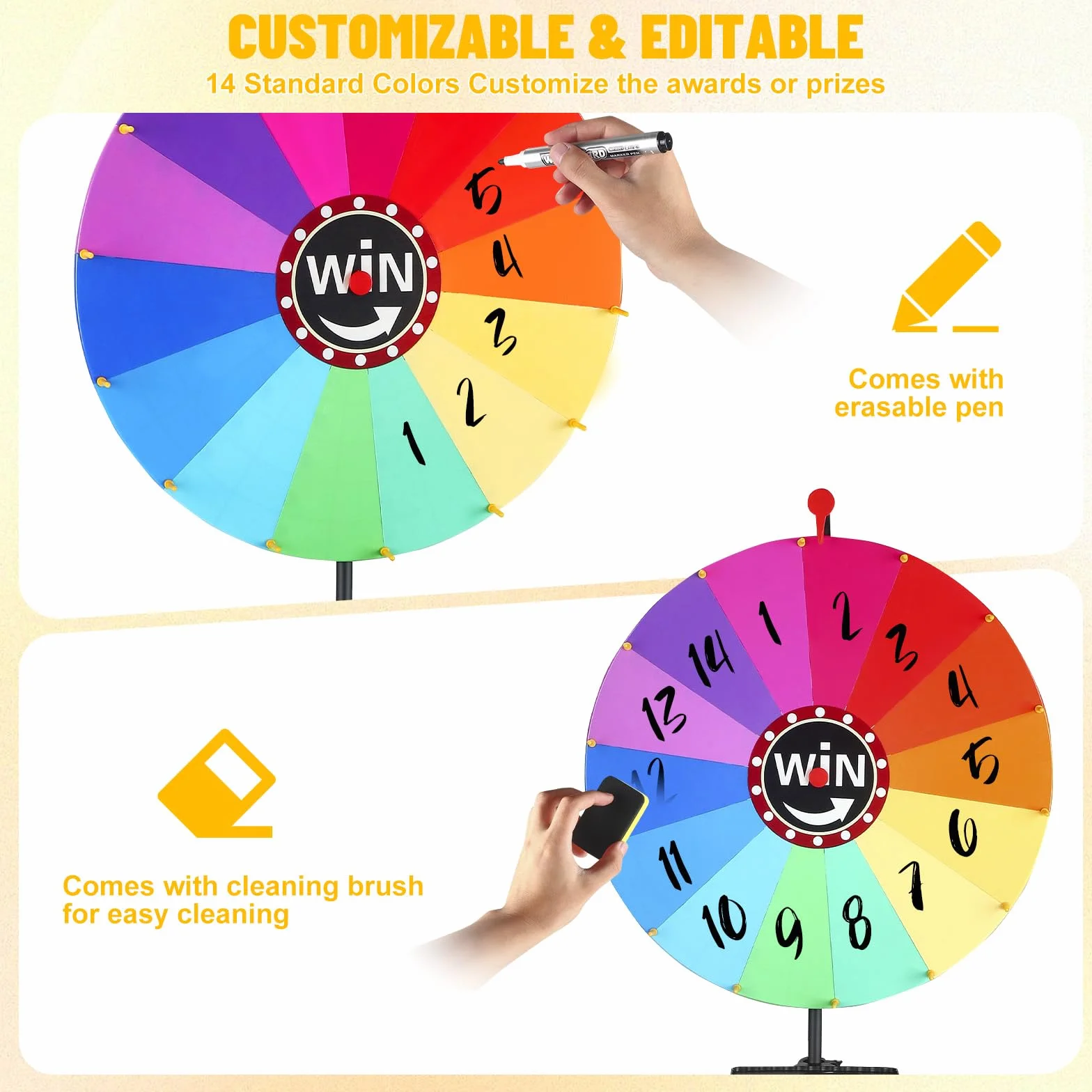 Roue porte-bonheur de 60 cm à tourner, 14 emplacements, jouet avec marqueur effaçable à sec et gomme, roulette pour fête, loterie, foire et promotion des ventes