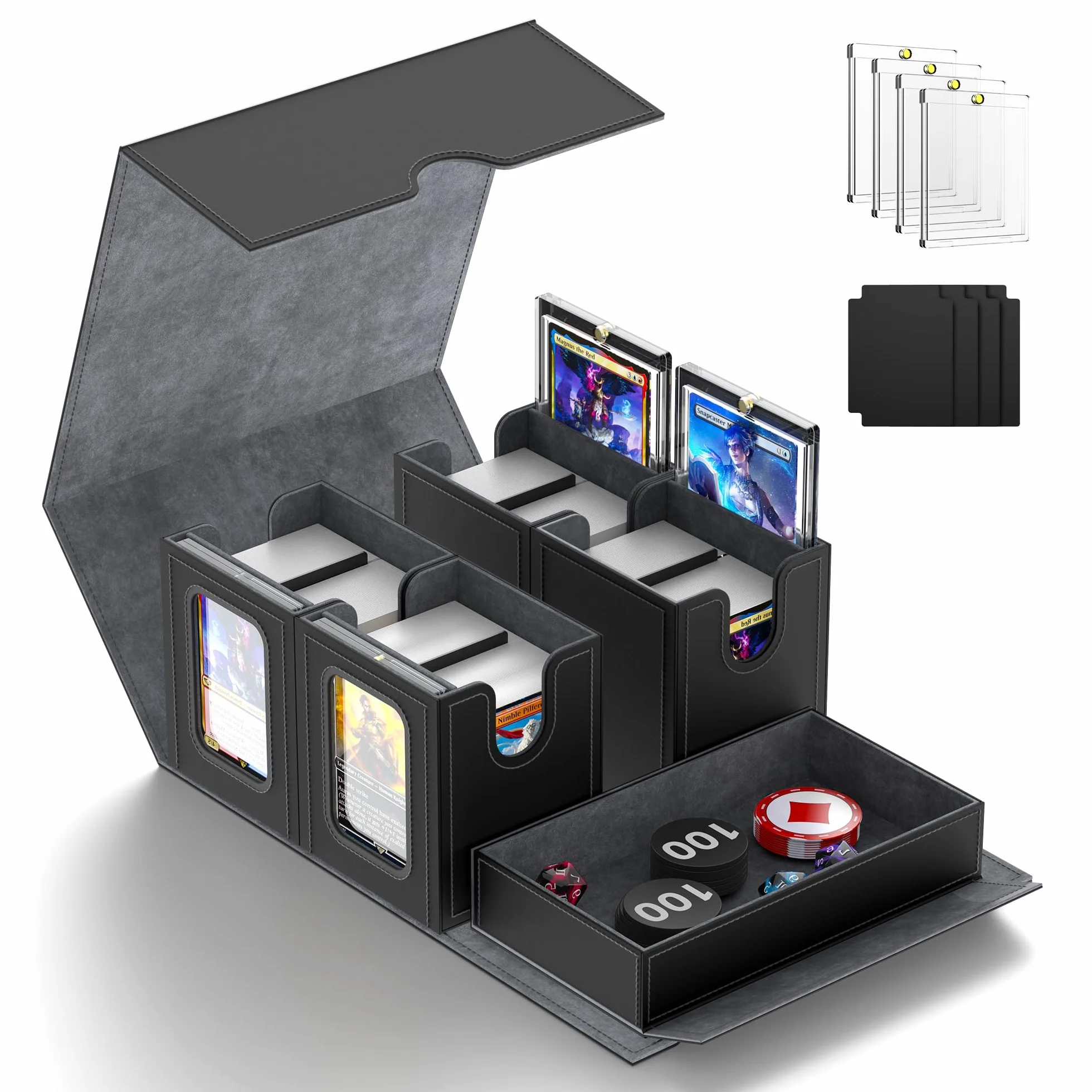 Commander Deck Box pour MTG, boîte de rangement 5 en 1 pour plus de 400 cartes avec fenêtre de visualisation, couvercle amovible, bac à dés, pochette pour cartes de sport TCG et PTCG (gris)