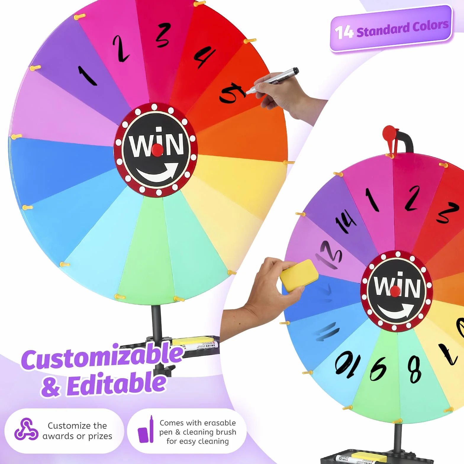 Roue De La Fortune De 61 Cm,Grand Format,14 Couleurs,avec Gomme Et Marqueur,Réglable De 85 Cm À 160 Cm,Roue De Loterie Idéale pour Les Carnavals,Événements,Fêtes,Jeux De Mots