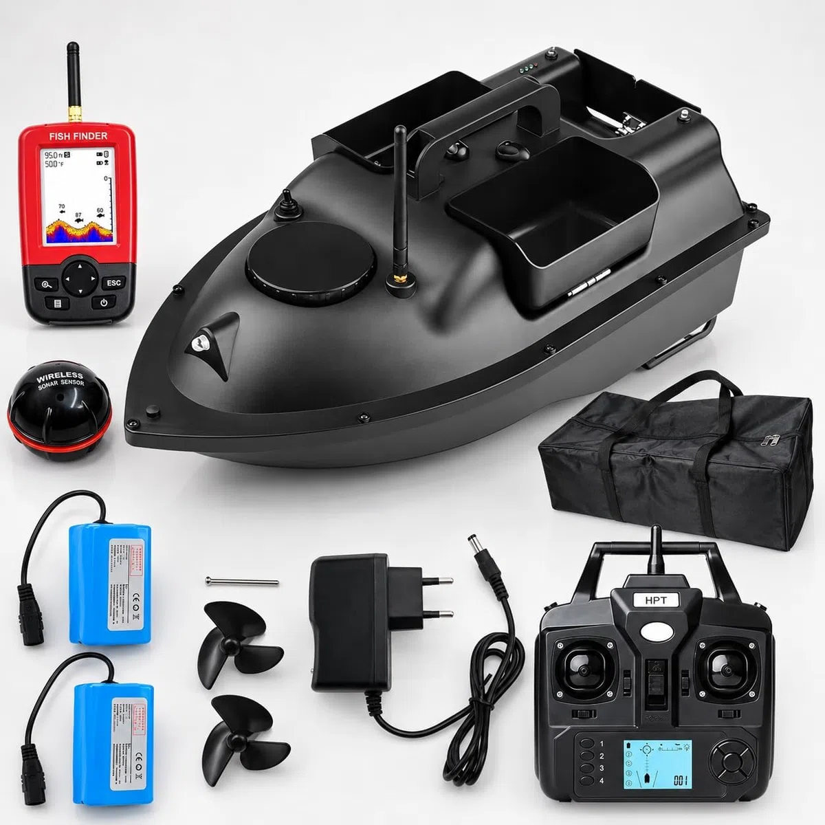 Bateau d'appât GPS pour carpe avec détecteur de poissons, bateau d'alimentation RC à double moteur, télécommande de 500 m et 16 points de mémoire