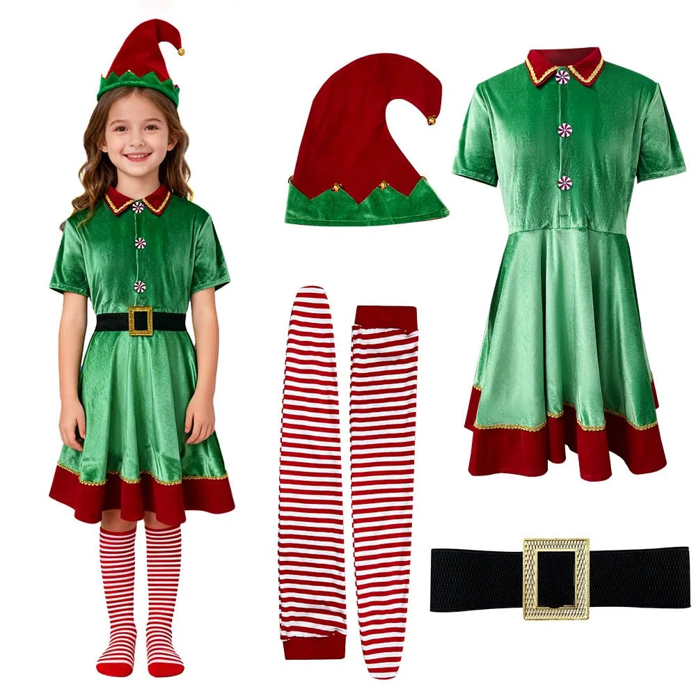 Generisch Costume de Père Noël pour fille : robe, bonnet, chaussettes plus - parfait pour le cosplay, les fêtes de famille.