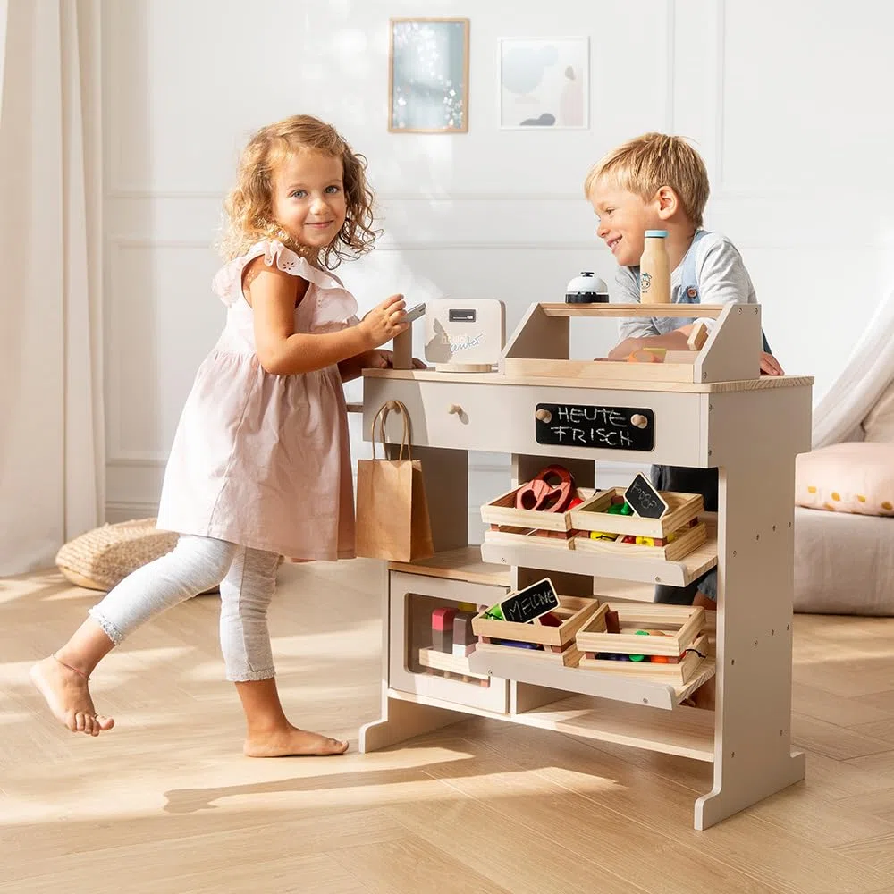 Magasin de Jouets en Bois Howa avec Caisse enregistreuse Jouet 47551 | avec caisse enregistreuse, tableau noir, vitrine, sonnette (naturel/beige)