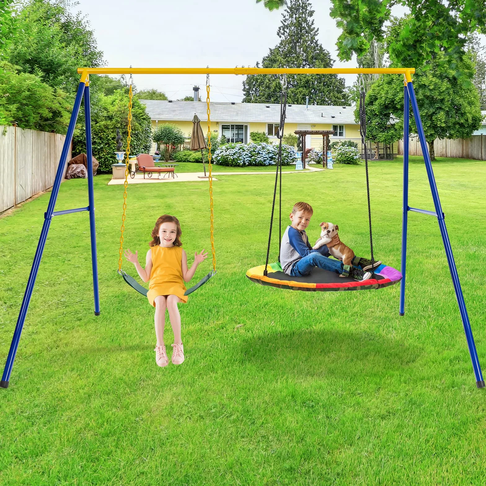 COSTWAY Portique Balançoire Extérieur en Métal avec 2 Balançoires, Balançoire Enfant Extérieur avec Cadre en Forme A & Cordes Réglables, Charge Max 300kg pour Adulte et Enfant de 3 Ans+