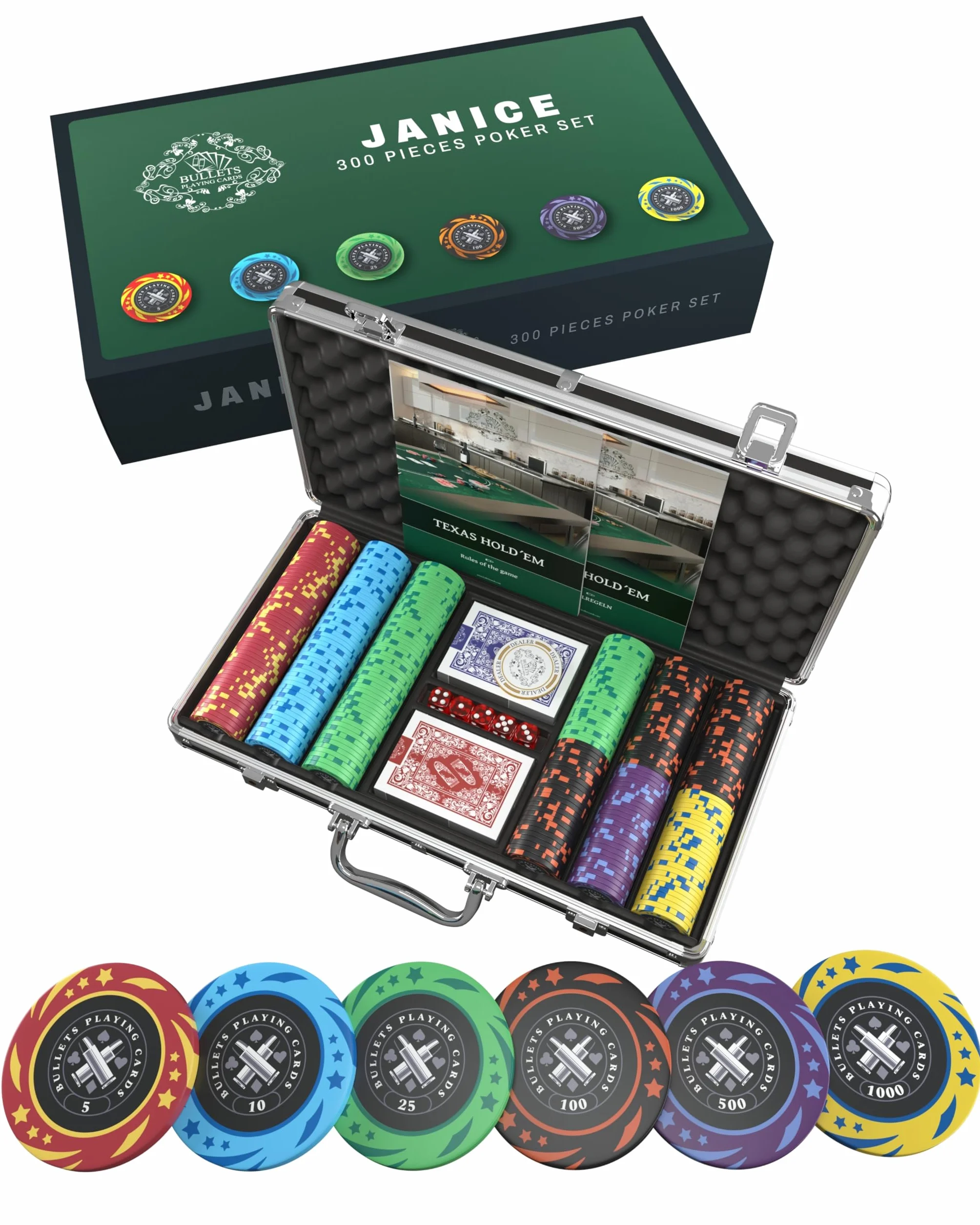 Bullets Playing Cards | Mallette de Poker 300 Jetons Plastique – Coffret Complet avec Cartes, dés et Bouton Dealer en céramique – Design Janice