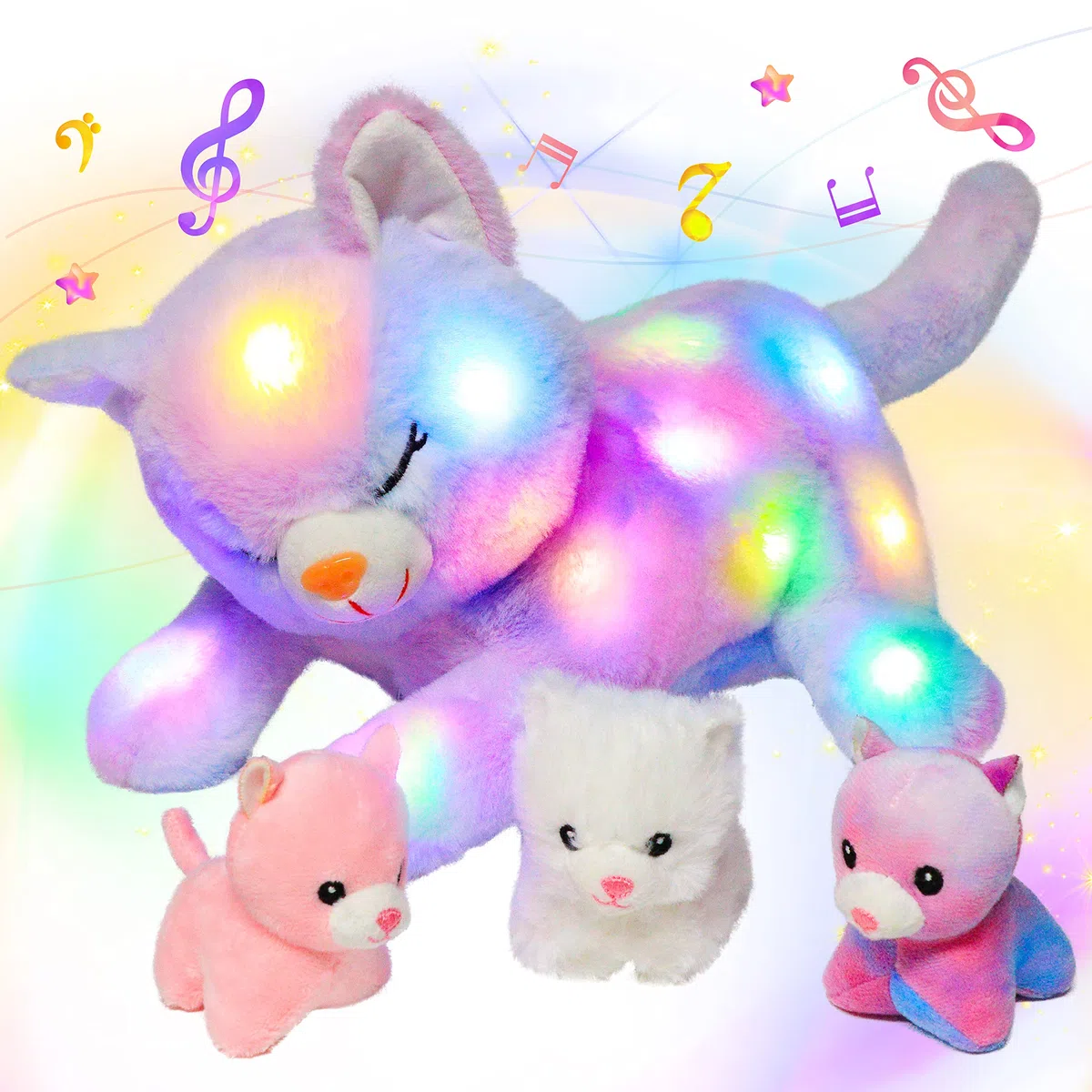 Hopearl Chat Maman Musical Peluche Lumineuse LED Qui Chante avec 3 Bébés Chats dans Son Ventre Veilleuse Animée Apaisante - Cadeau Fête des Mères Filles, Arc-en-Ciel, 45cm