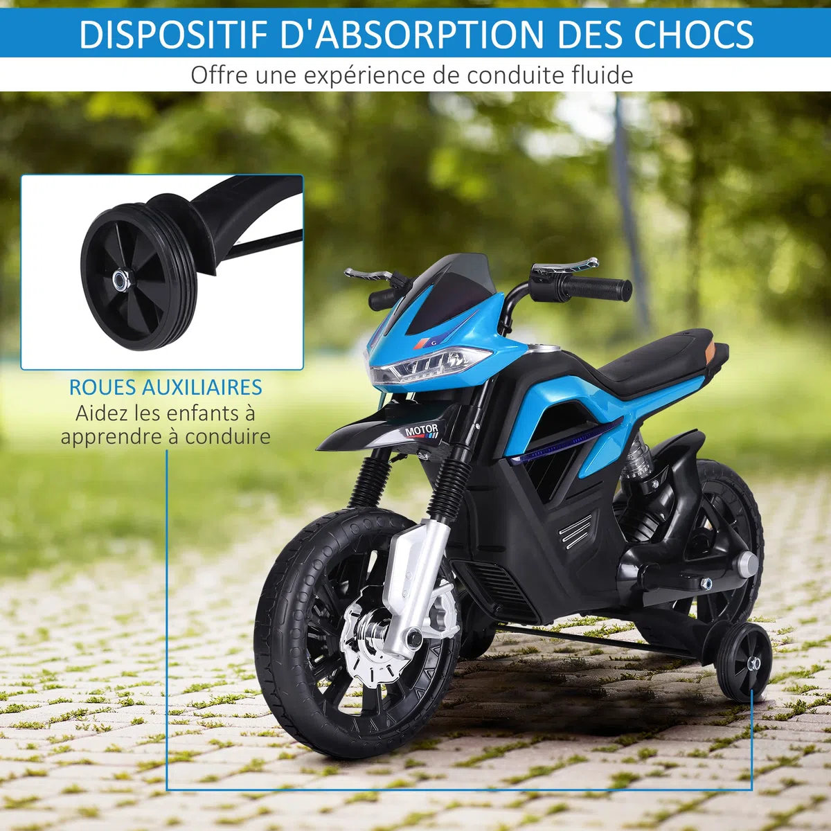HOMCOM Moto Électrique pour Enfants 3-6 Ans 25 W 6 V 3 Km/h Bleu | Effets Lumineux, Effets Sonores, Roulettes Amovibles, Charge max. 30 kg