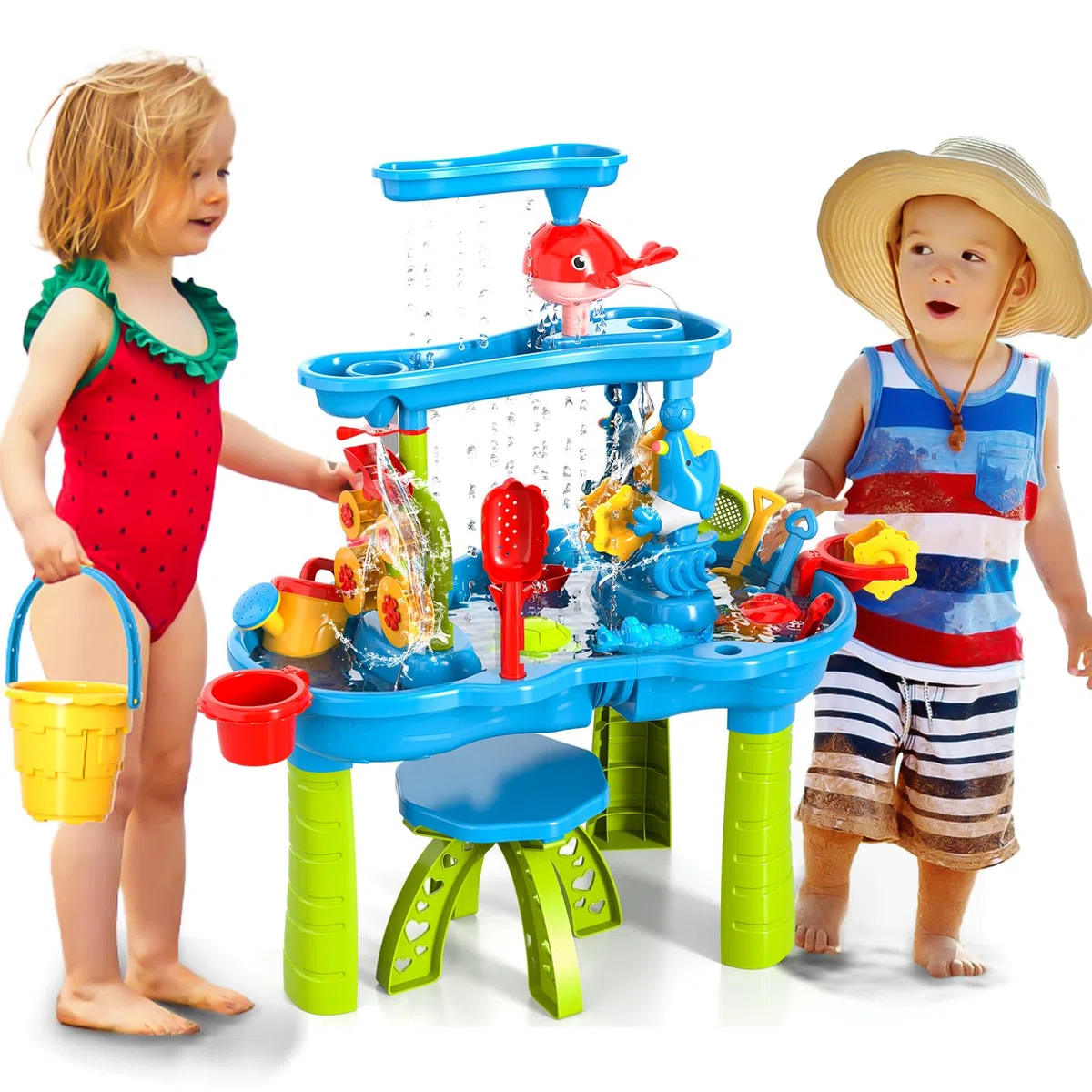 Doloowee Table à sable et à eau, table de jeu pour tout-petits avec de nombreux accessoires, jouets de jardin d'extérieur pour garçons et filles de 3, 4, 5, 6 ans
