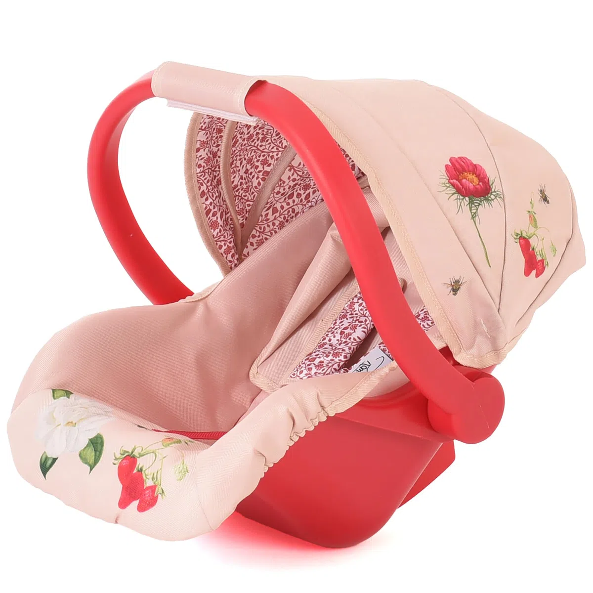 Siège Auto pour poupée Roms RHS Flora, Rouge Framboise et crème, Convient aux poupées jusqu'à 45 cm, rembourré avec imprimé Floral, Capote rétractable, Cadeau de Noël, à partir de 3 Ans