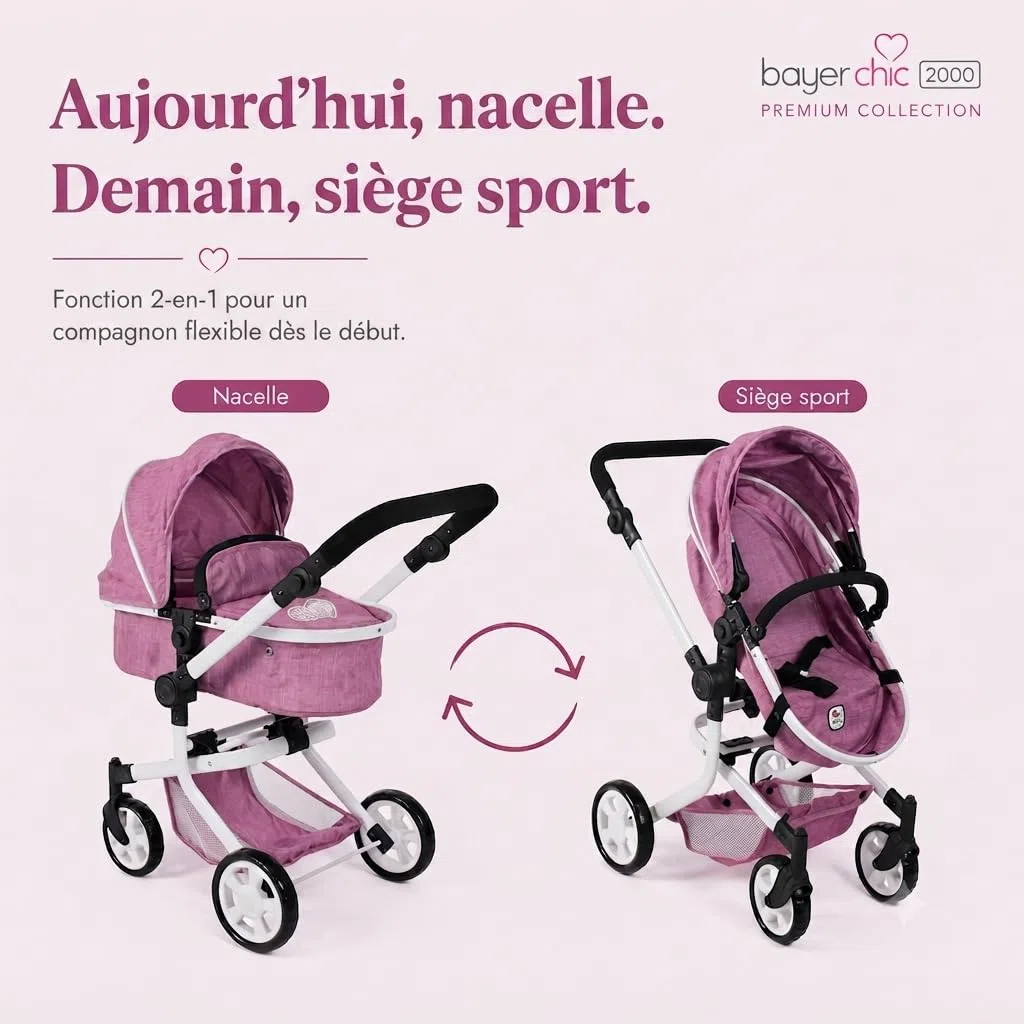 Bayer Chic 2000 Poussette poupée Mika 2 en 1 Pliable et réglable | Poussette poupée 2 en 1 pliable avec poignée réglable (47-80 cm), pour poupées jusqu'à 52 cm.