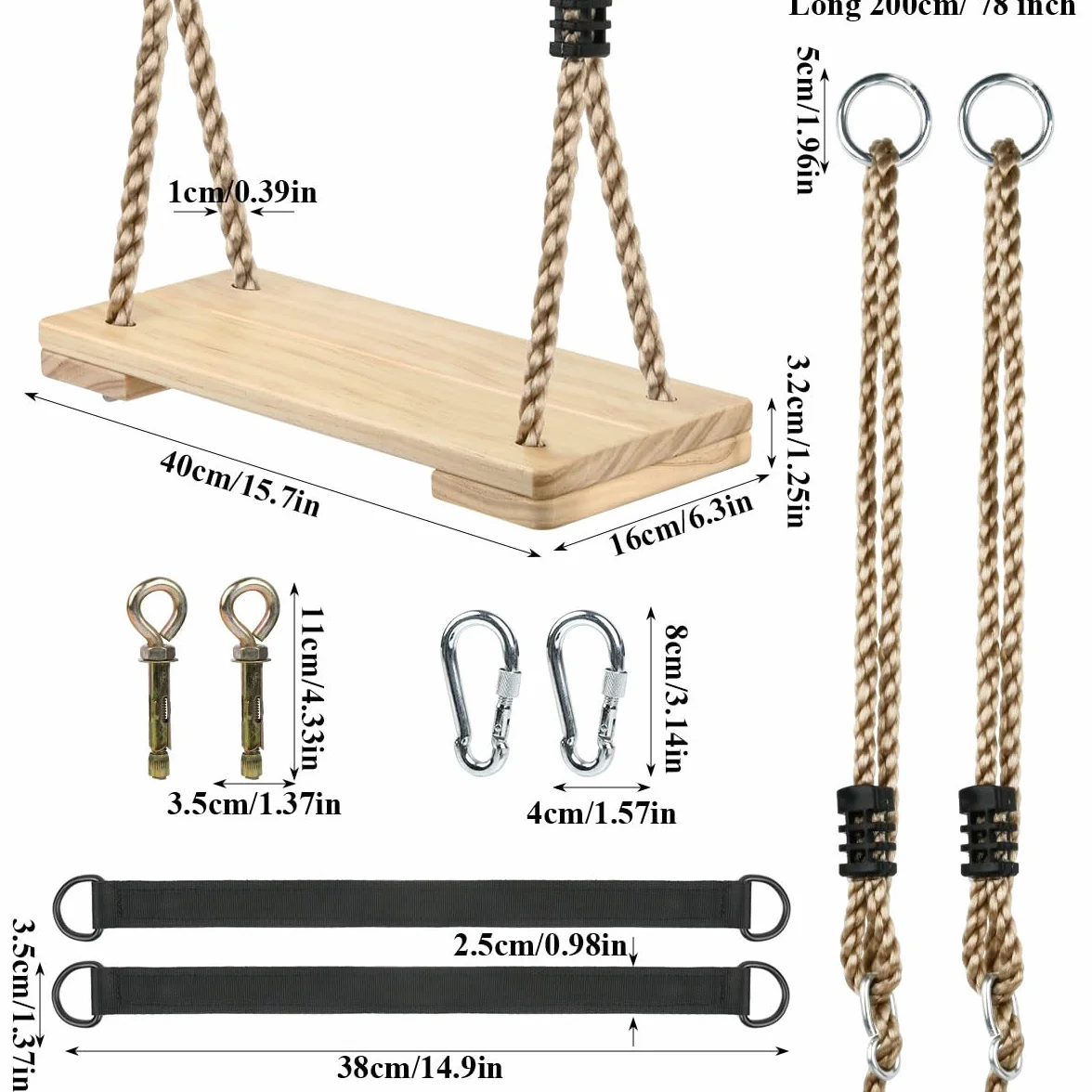 Balancoire Bois, Balancoire Exterieur Bois, Escarpolette Enfant, Balançoire Adulte avec Corde de Chanvre Réglable, Siège Balançoire, Escarpolette pour Arbre - Charge Max 200kg