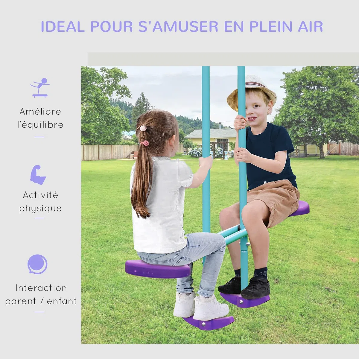 Outsunny Balançoire Portique Extérieur Enfant 3 en 1 Charge 180 kg Violet | 1 Balançoire Face à Face, 2 Sièges de Balancelle, Hauteur Réglable, en Métal, pour 3+ Ans