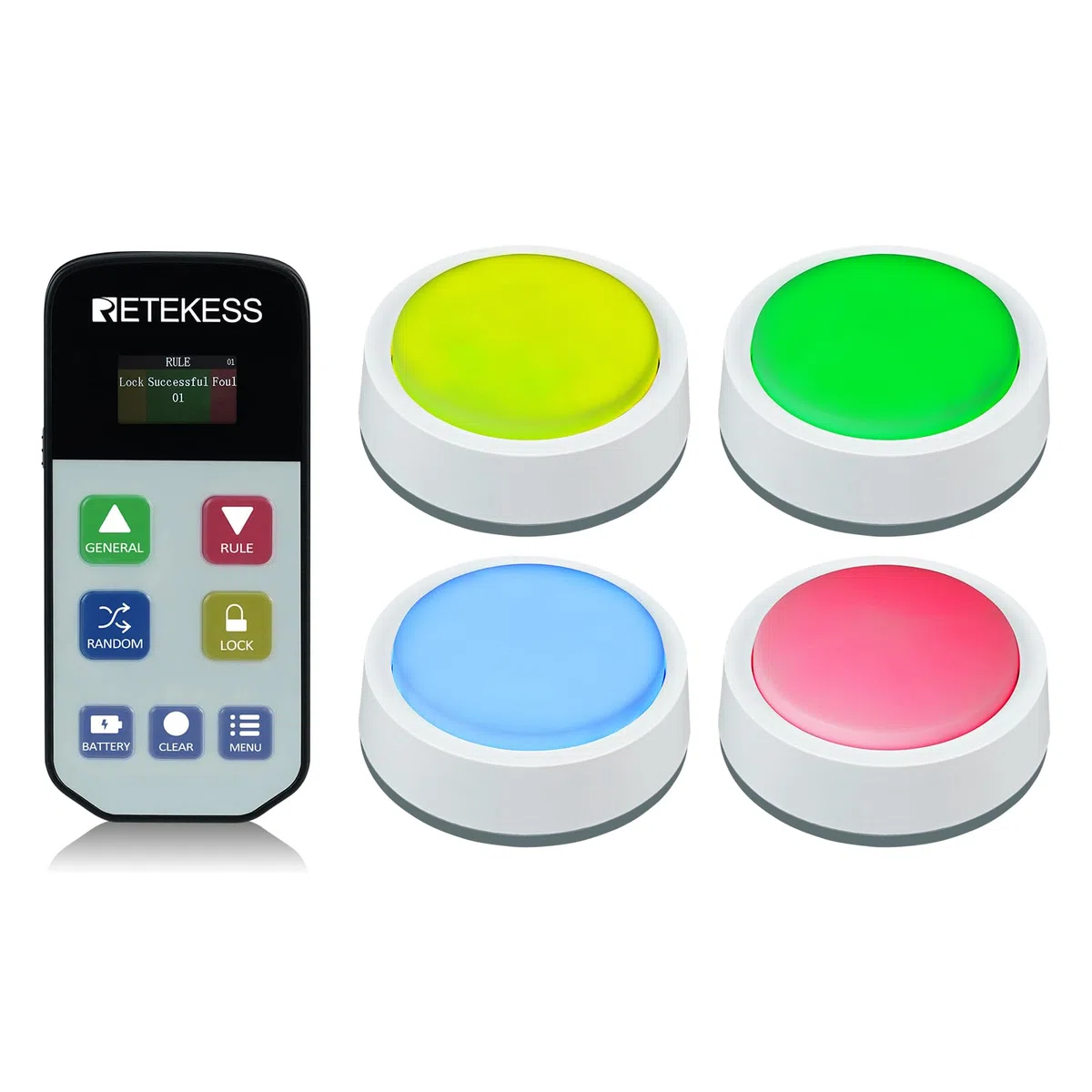 Retekess TM102 Buzzer Blind Test, Buzzer sans Fil（1-4） | pour Compétitions Scolaires, Tests de Quiz, 3 Modes de Réponse, Mode Aléatoire, Avertissement Batterie Faible