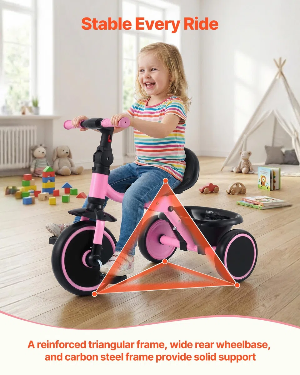 VEVOR Tricycle pour Enfant de 2 à 5 Ans, Tricycle Préscolaire Pliable avec Siège Réglable et Panier, Cadre en Acier au Carbone, Poignées de Guidon, Cadeau d'anniversaire pour Garçons et Filles