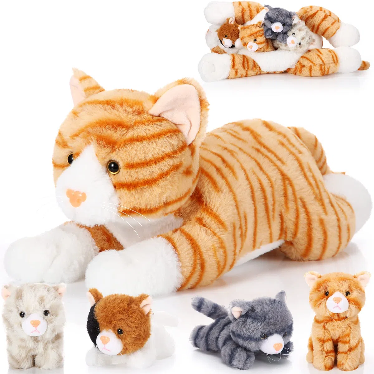 Skylety Set de 5 Pièces Animaux en Peluche Chat et 4 Chatons, Orange