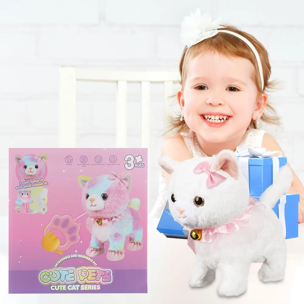 Lotvic Jouet Électronique en Peluche, Animal Chat Électronique, Chat Interactif Qui Marche et Miaule avec Laisse Télécommandée, Chats en Peluche Électroniqu, Cadeaux de Jouets pour Enfant de 3-6 Ans