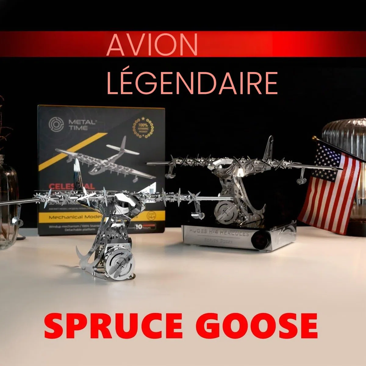 METAL TEMPS Hercules Hughes H-4 Herkuleles Sapin Goose - Kit de modélisme 3D en métal avec mécanisme pivotant, modèle volant herkules, plateforme amovible, 170 pièces.