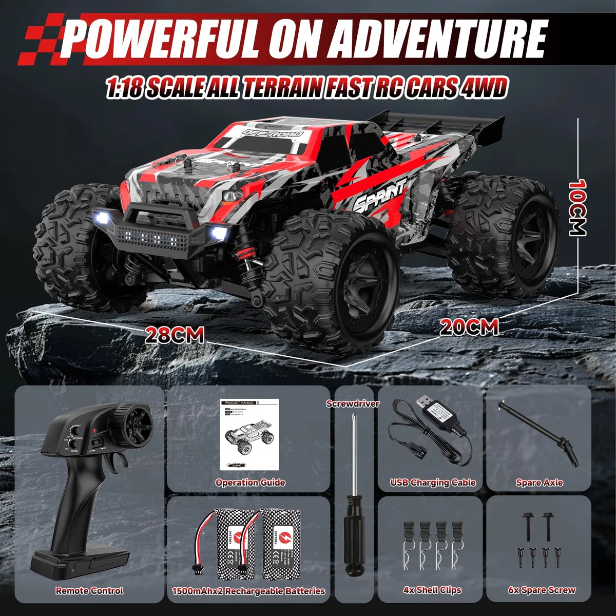 Voiture Télécommandée 40 KM/H, 1:18 Voiture Télécommandée Tout Terrain avec LED, 4WD Voiture RC Drift Car Rapide, 2,4 GHz Buggy Telecommande avec Batterie pour Adulte Fille Garcon Enfant
