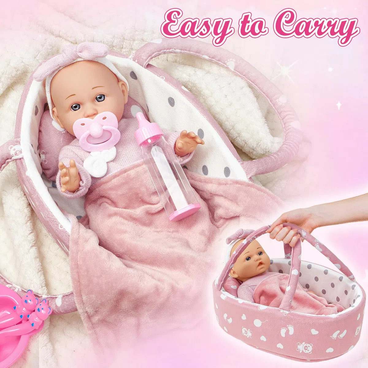 vamei Accessoire Poupon pour Poupon Bébé, Lit Portable pour Poupée avec Vêtements de Poupée & Couches pour Poupee Bébé & Sac à Langer & Biberon & Tétine, Cadeau pour Fille 2 3 4 5 an