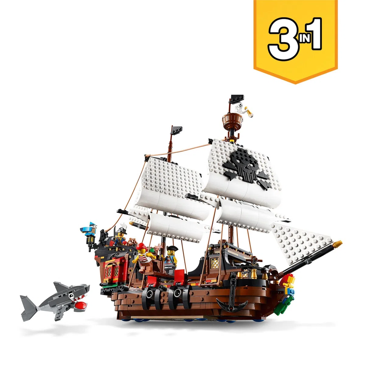 LEGO 31109 Creator Bateau Pirate 3en1: Jouet de Construction d'Aventure, Éducatif et Créatif, Transformable en Auberge & Île au Crâne, pour Enfants de 9 Ans et Plus