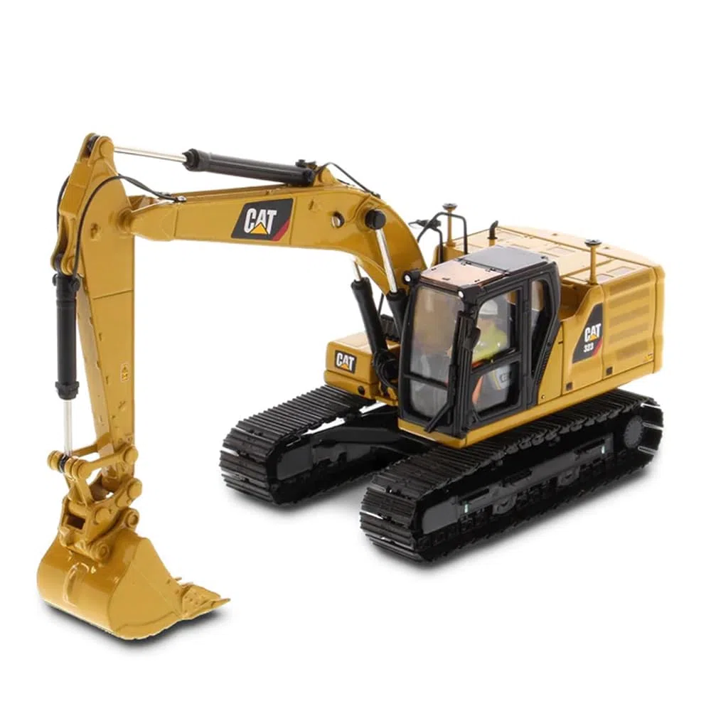 Diecast Masters 85657 - Pelleteuse Caterpillar avec 4 Outils 323 Hex, échelle 1:50, env. 9,5 x 3,4 x 4,6 cm, dès 14 Ans, Jaune