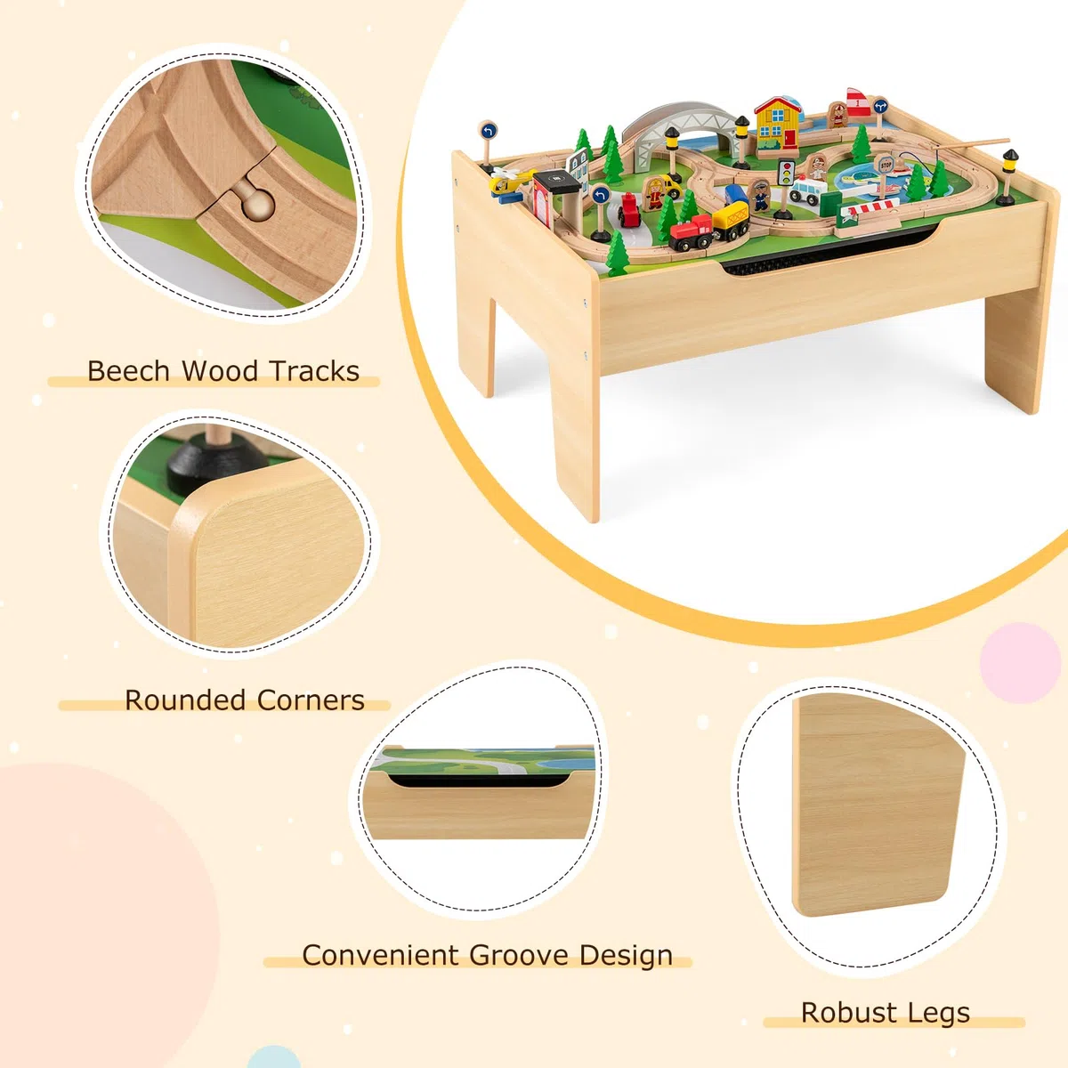 GOPLUS 100Pcs Table Circuit de Train Enfant en Bois, 2 en 1 Table Rail de Train Enfants 3 + Ans Pistes Tiroir de Rangement, pour Garçons et Filles 3 Ans+ (79x51x15CM|100 PCS)
