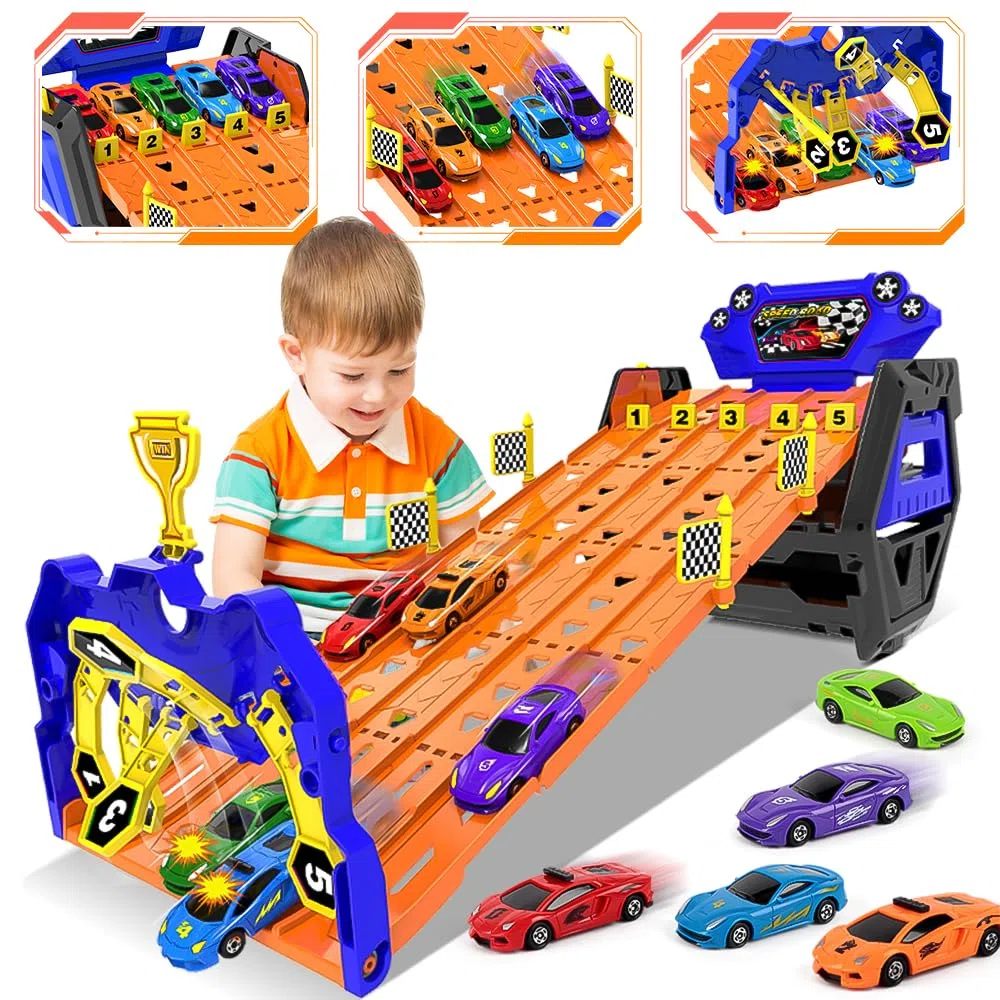 VATOS Camion de Transport Amélioré sur 5 Voies, Jouets Voitures pour Garçons Âgés de 3 4 5 6 7 8, Camion de Course Portable Jouet avec 5 Voitures, Ensemble de Camions Porte-Conteneurs pour Enfants