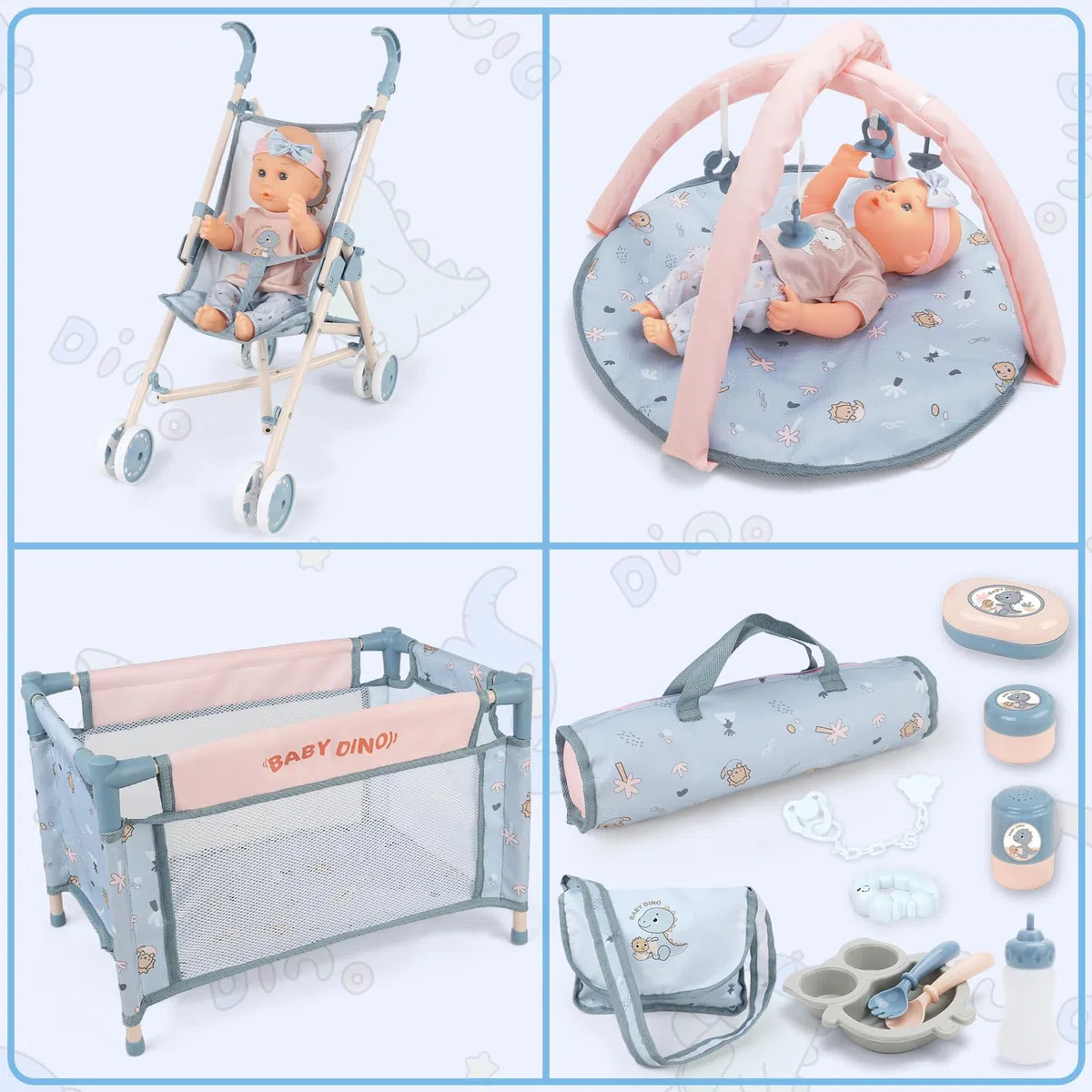 deAO Ensemble Poupée Bébé 30 cm avec Accessoires, Set de Jeu de Rôle 3 Ans+ | Poussette Pliable, Berceau, Lit Pépinière, Chaise Haute, Tapis de Jeu, Sac de Voyage, Plastique Sûr, Assemblage Facile