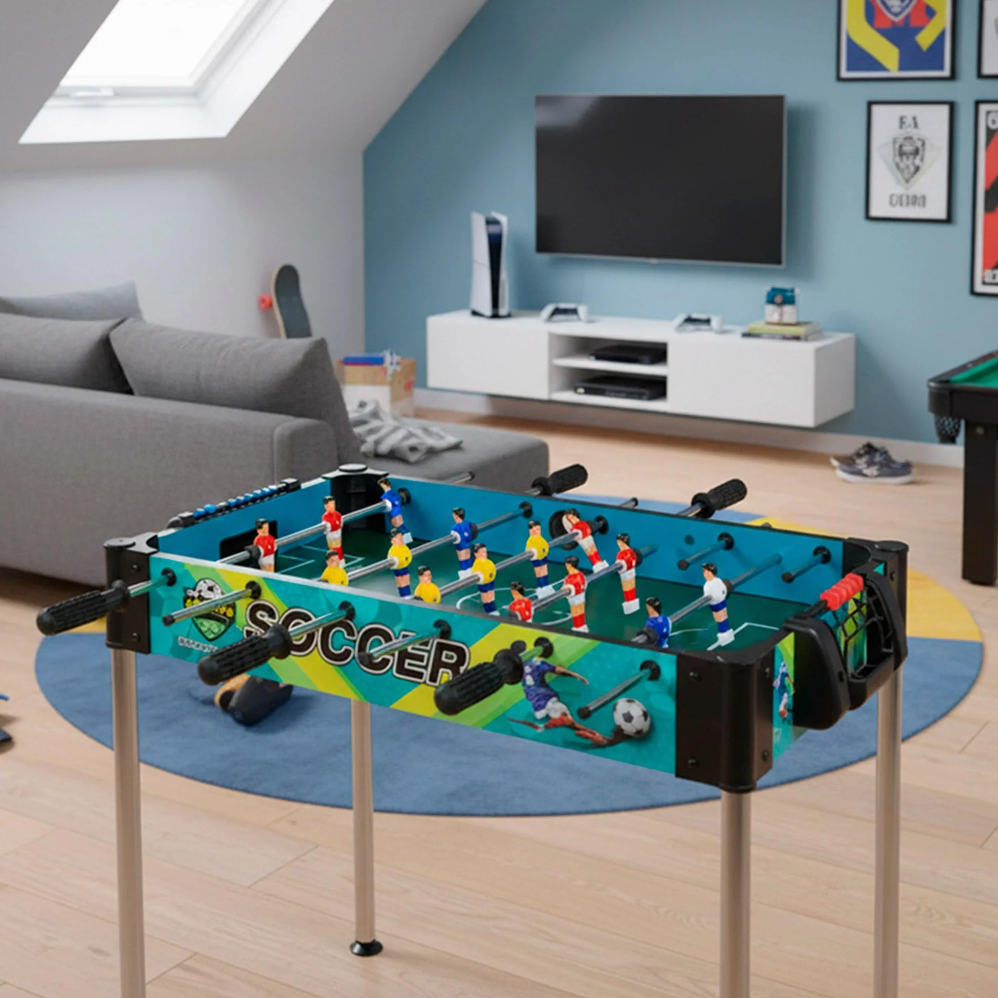 ColorBaby CB Games 39468 Baby-Foot en Plastique résistant, 18 Joueurs, avec marqueurs manuels, pour 2 Personnes, Baby-Foot pour Enfants