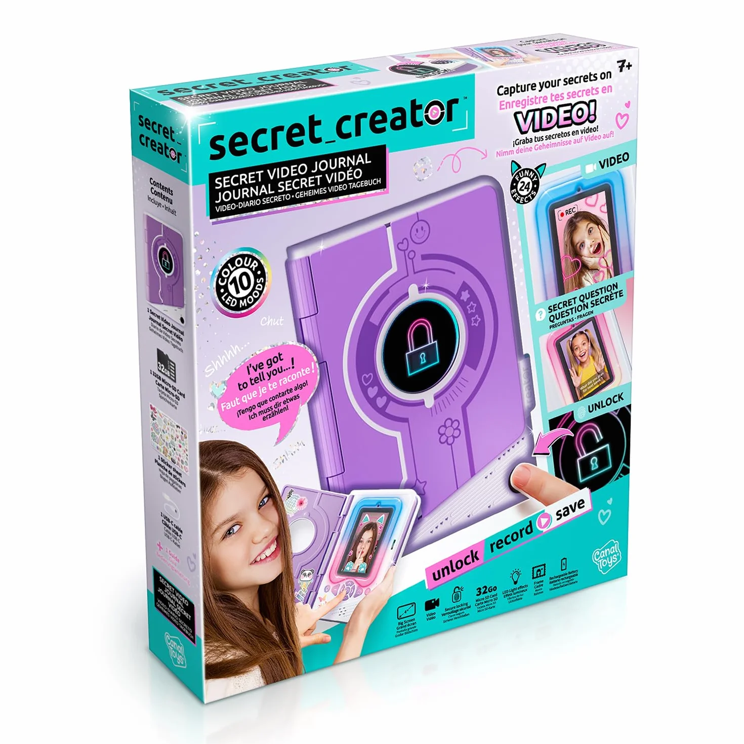 Canal Toys - Journal Secret Video pour Enfants Violet - Enregistre tes Secrets en Vidéo & Photo - Cadeau Enfant Jeux Électronique 7 Ans + - Empreinte Digitale - 24 Effets - 32 GO - LED - INF 043 | Avec autocollants, câble USB, effets de lumière et d'image