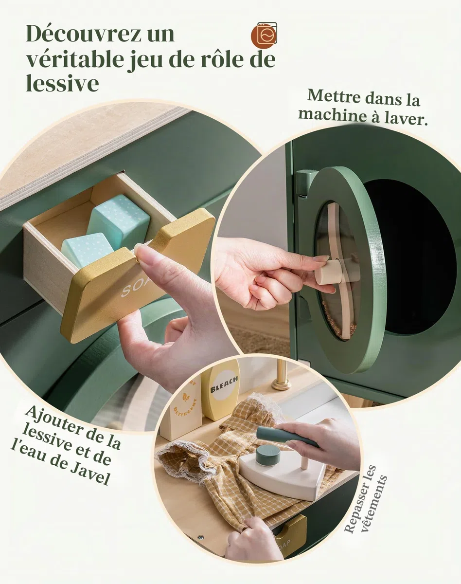 Robud Cuisine Enfant en Bois Accessoires - Machine a Laver Enfant Jouet - De Cuisine pour Enfants - Jeu De Rôle en Bois - avec Accessoires - Cadeau pour Enfants