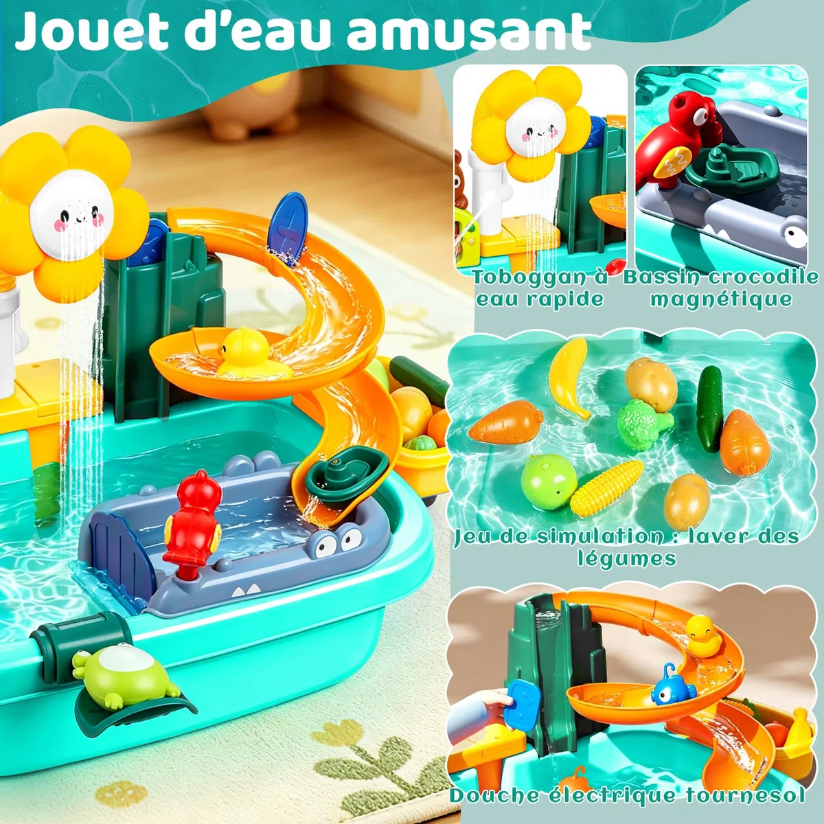 Jouet D'évier de Cuisine, Table Eau Enfant Exterieur, Jeu d'eau Enfant avec Circuit Eau, Évier Jouet avec Robinet Électrique Légumes et Jouets de Pêche pour Garçons et Filles 3+ Ans (Bleu)