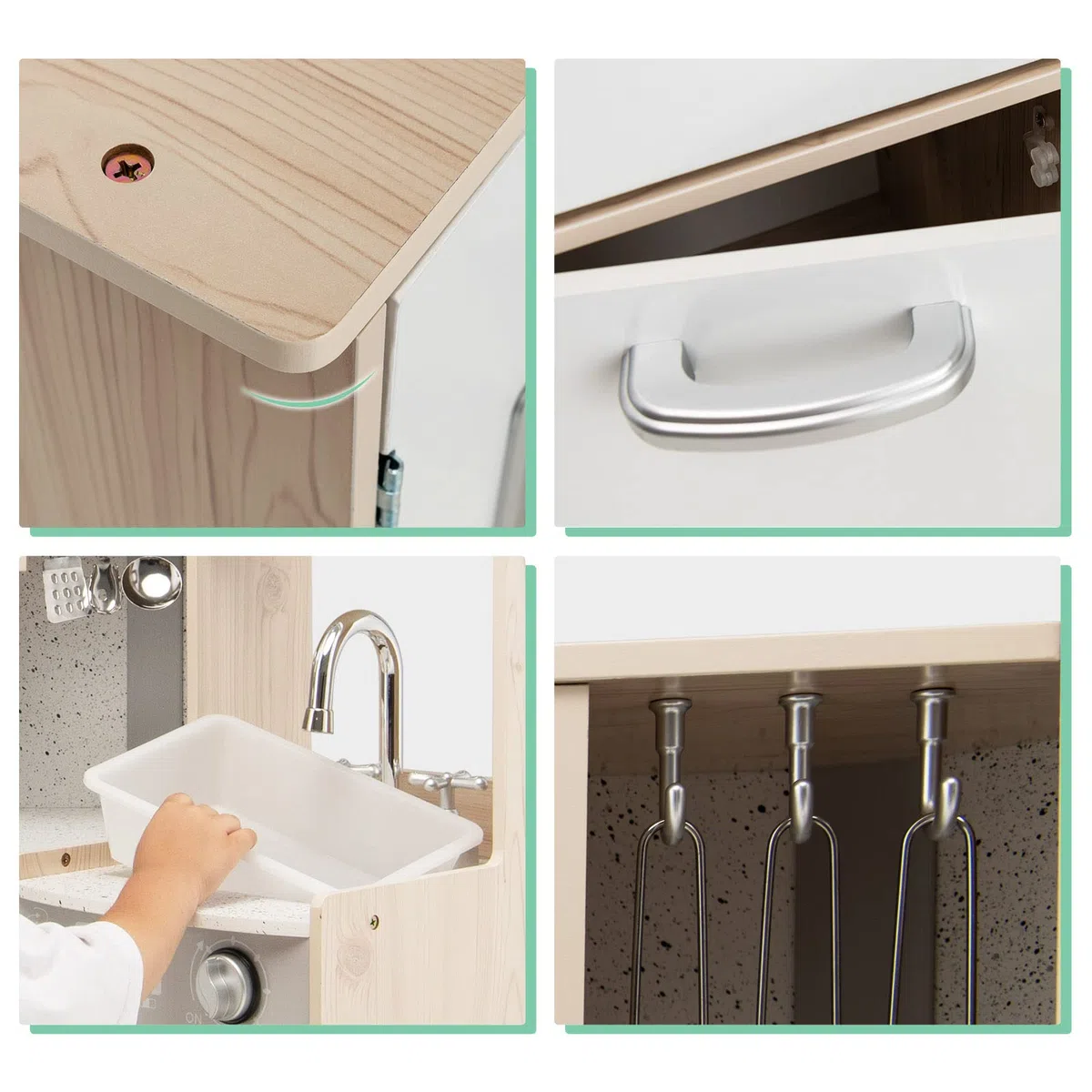 DREAMADE Cuisine Enfant de 3+ Ans, avec Micro-Ondes, Cuisinière, Téléphone, Cuisine en Bois avec 5 Accessoires, Équipé Sonore et Lumineuse, (Blanc + Naturel)