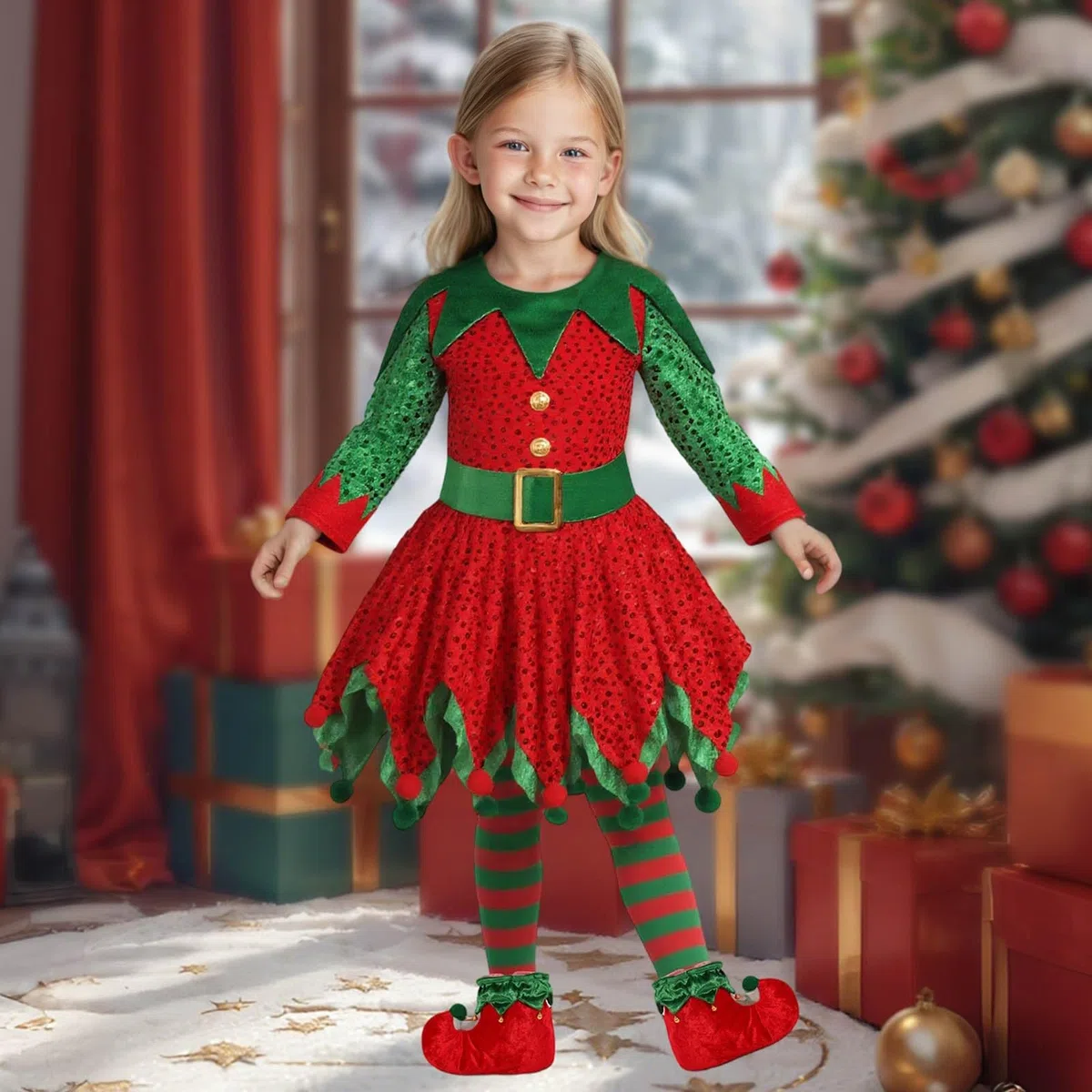 Generisch Costume de Père Noël pour enfant fille - Vert - Costume de fée - Pour festival, fête, performance, cosplay, Noël