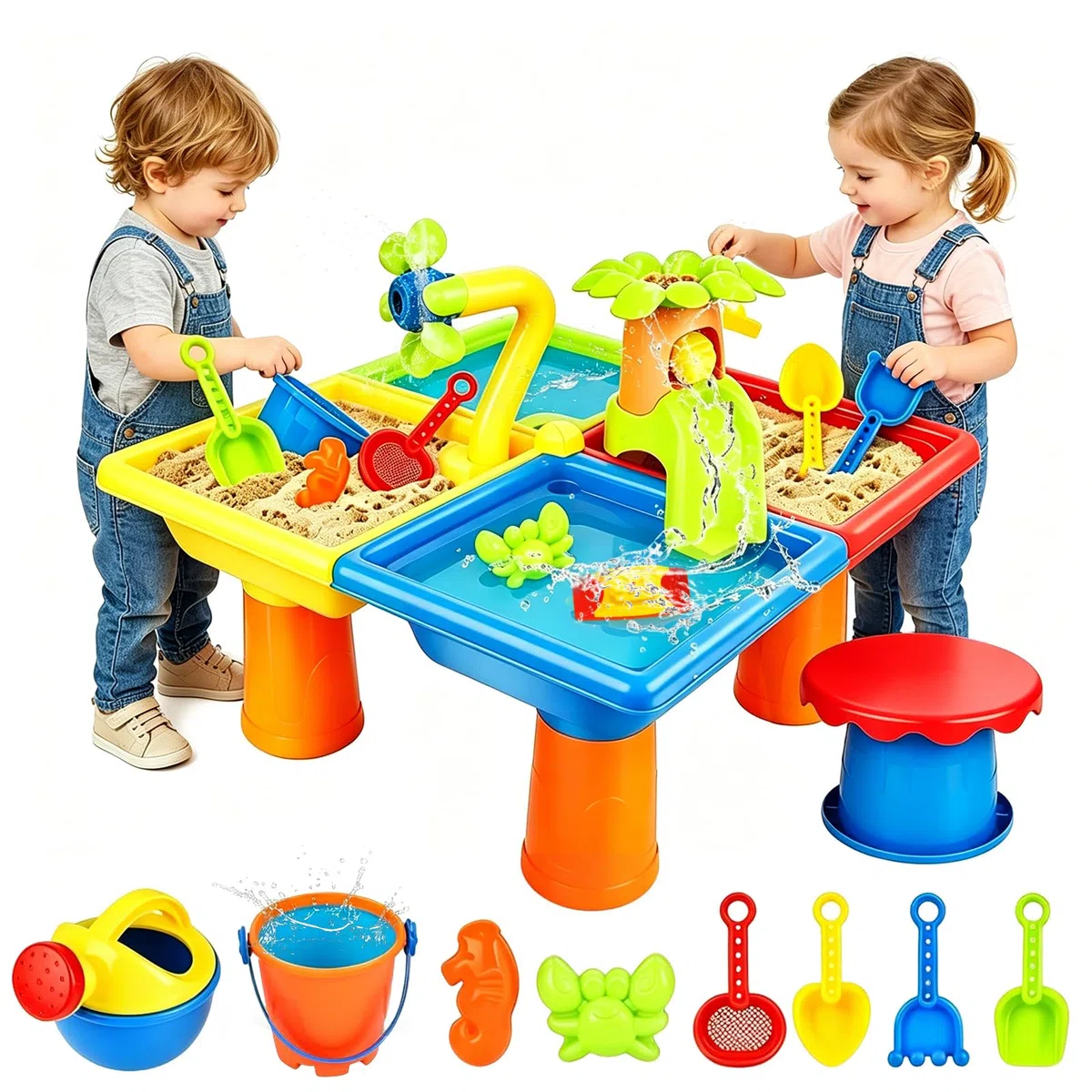 Table à Eau de Sable 4 en 1, 25 Pièces Table d'eau pour Enfants, Table de Plage pour Enfants, Table d‘Activités Sensorielle Enfant, pour Jeu Sensoriel, Plage Jardin Piscine, Garçons Filles 3 à 8 Ans